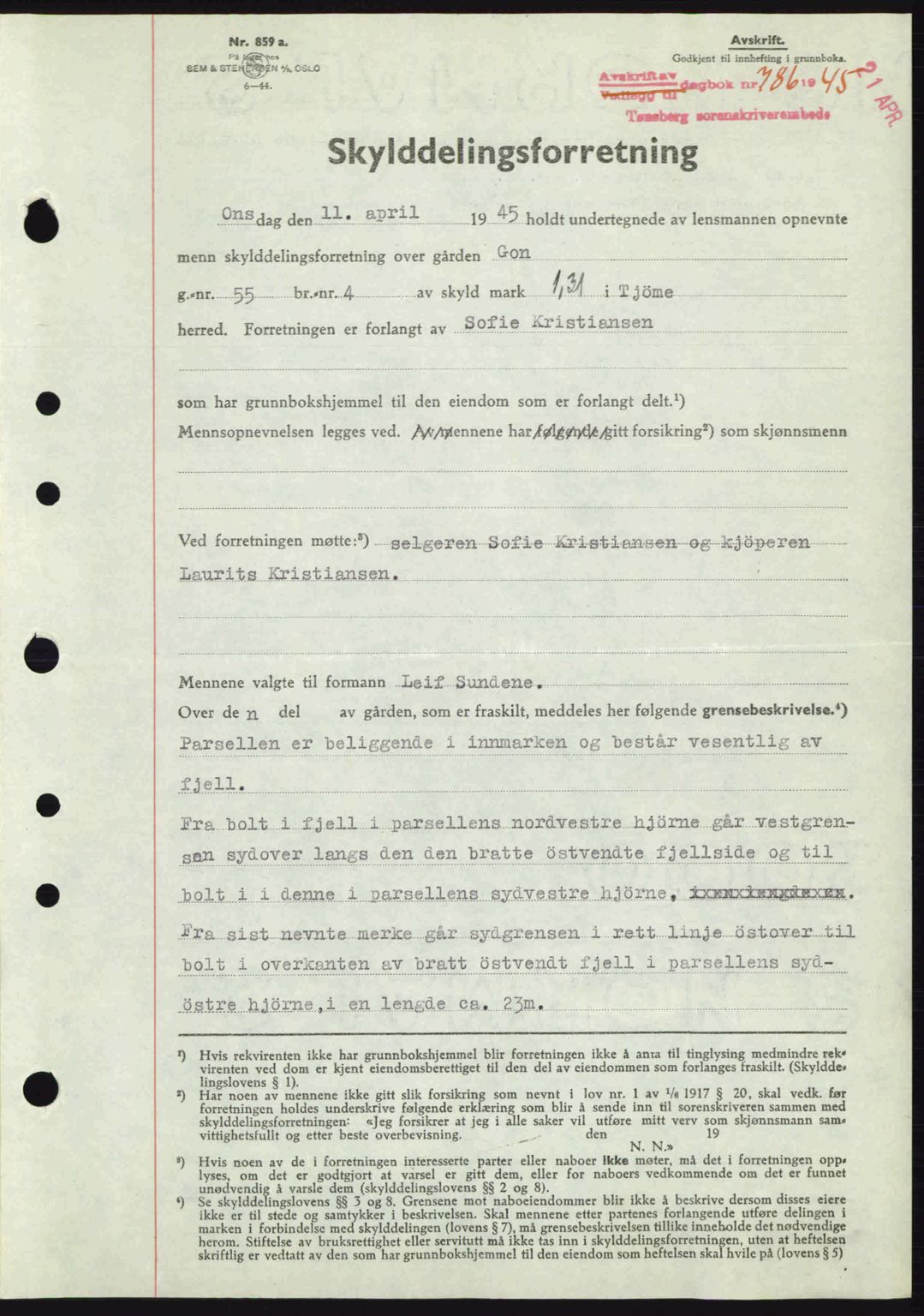 Tønsberg sorenskriveri, AV/SAKO-A-130/G/Ga/Gaa/L0017a: Mortgage book no. A17a, 1945-1945, Diary no: : 786/1945