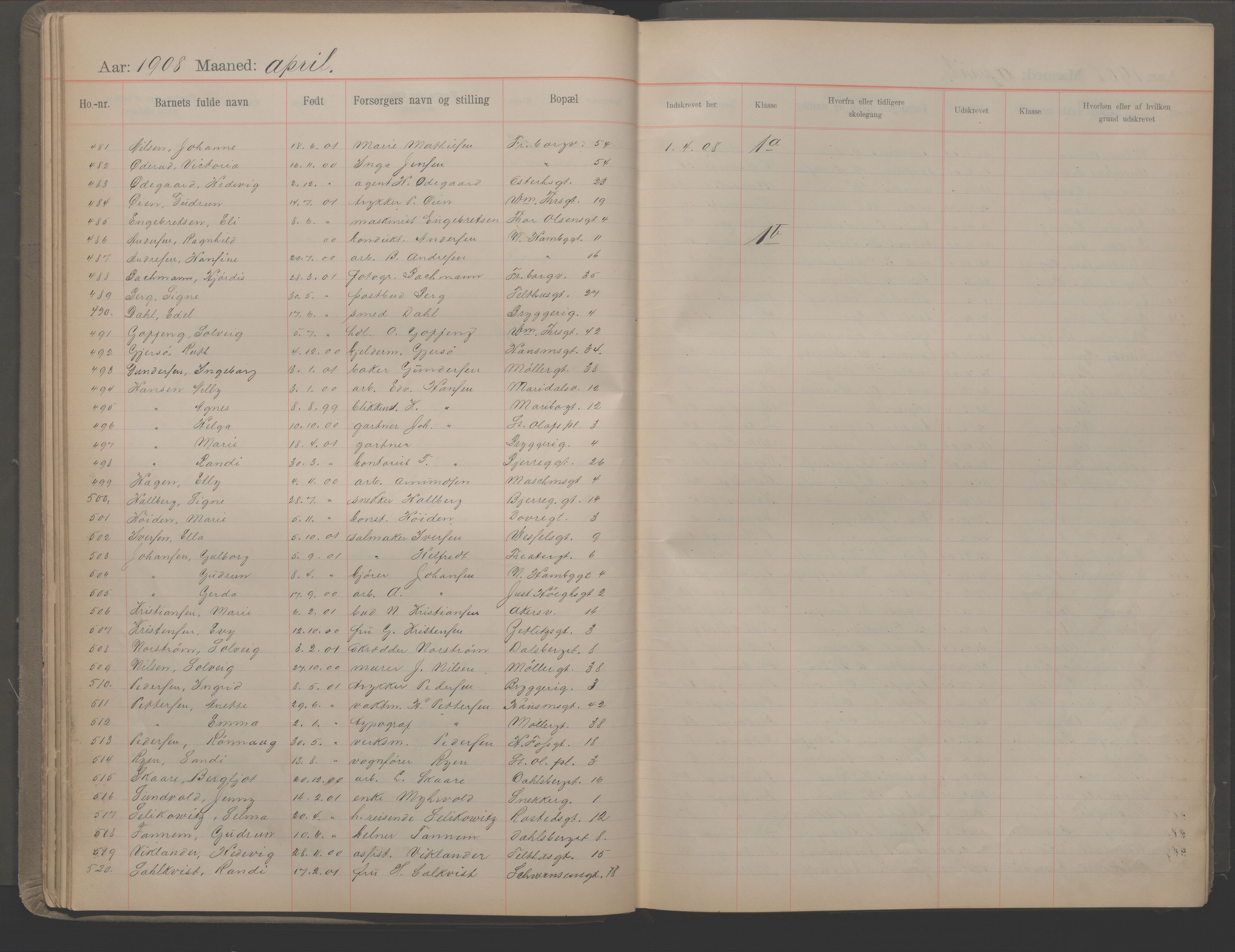 Møllergata skole, OBA/A-20129/F/Fa/L0002: Ut-/innskrivningsprotokoll, 1907-1932, p. 16
