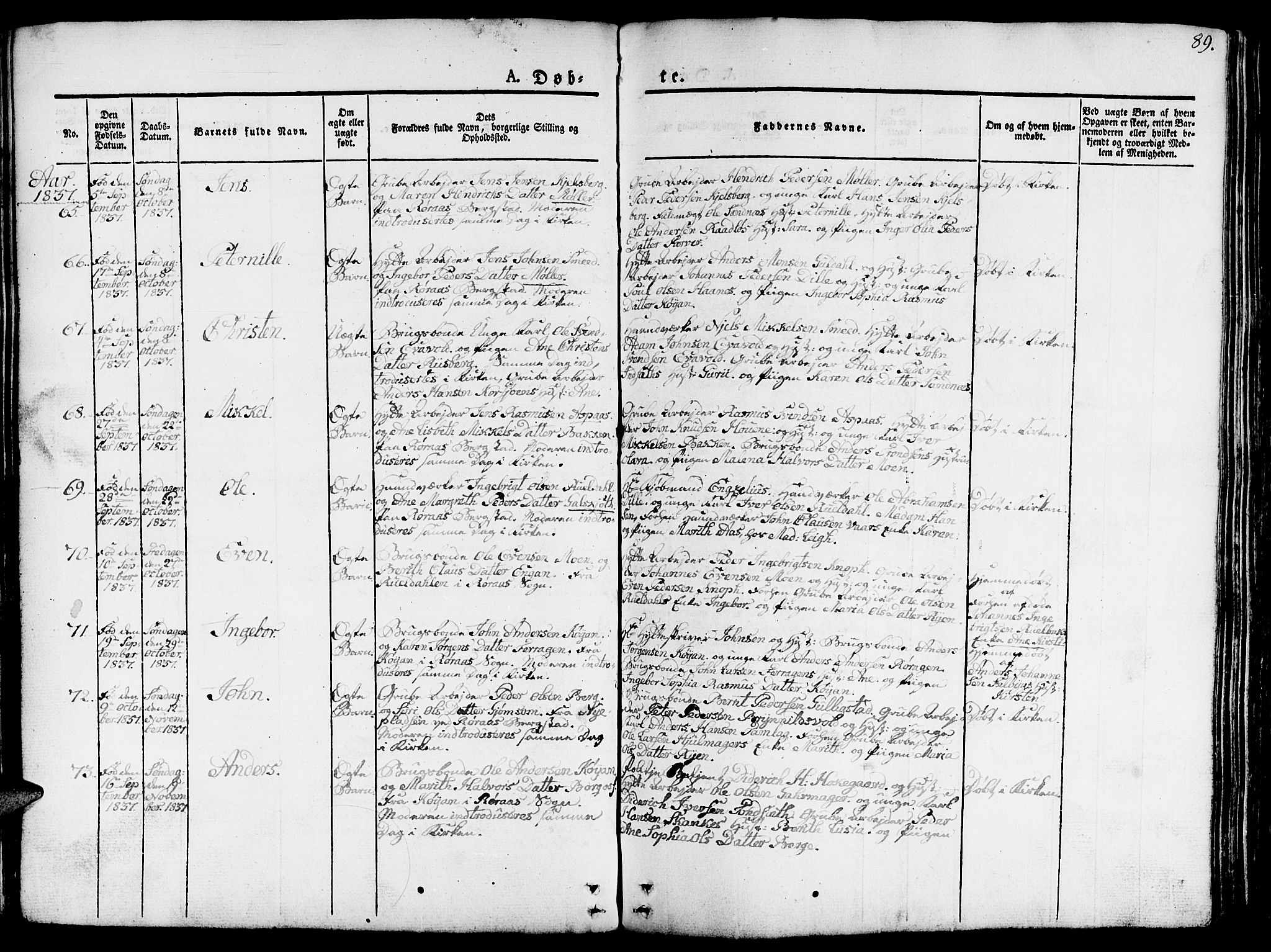 Ministerialprotokoller, klokkerbøker og fødselsregistre - Sør-Trøndelag, AV/SAT-A-1456/681/L0938: Parish register (copy) no. 681C02, 1829-1879, p. 89