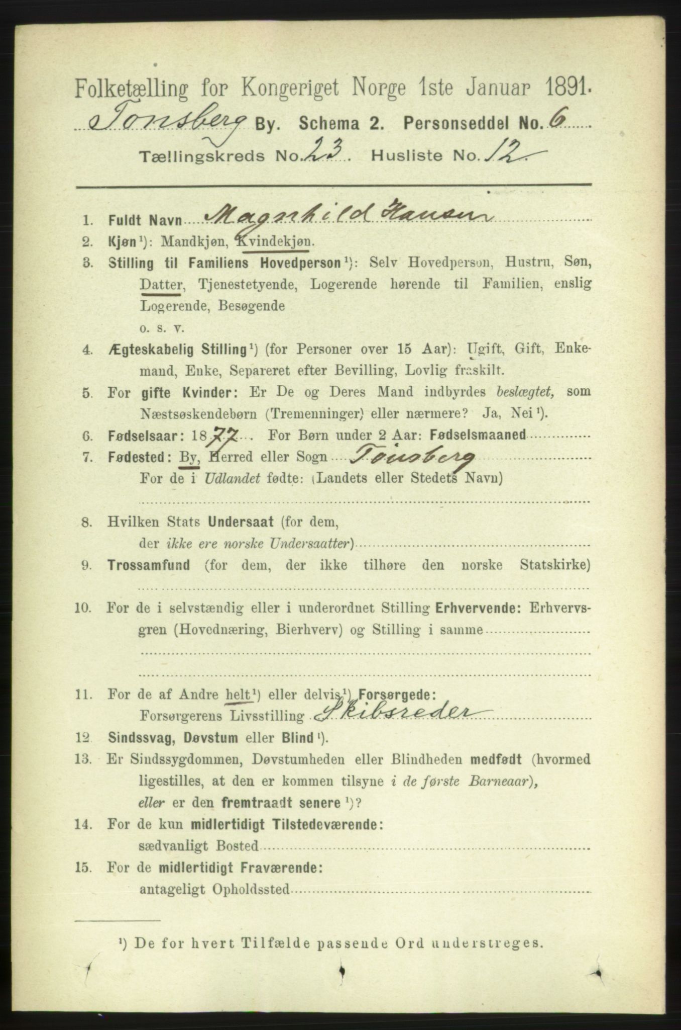 RA, 1891 census for 0705 Tønsberg, 1891, p. 6271