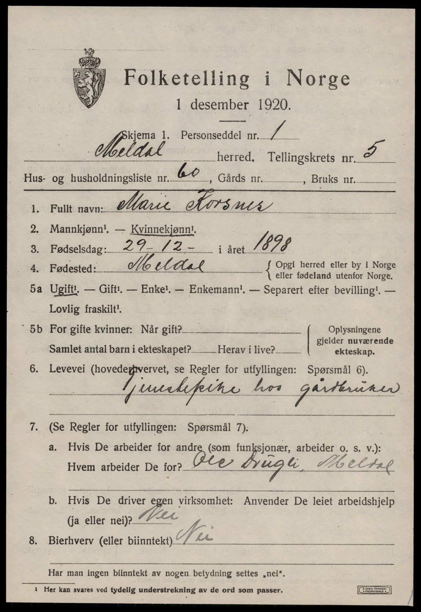 SAT, 1920 census for Meldal, 1920, p. 5885