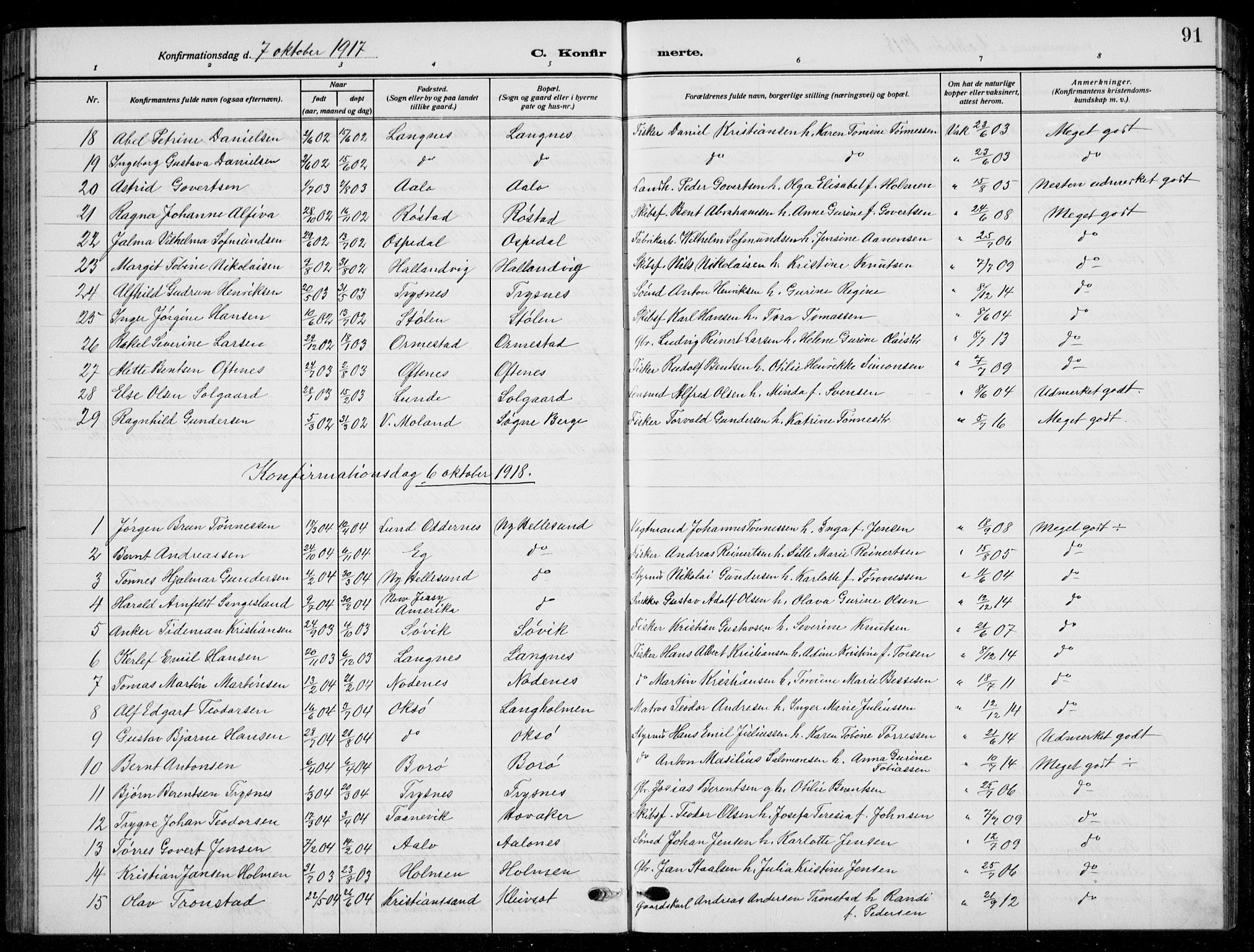 Søgne sokneprestkontor, SAK/1111-0037/F/Fb/Fbb/L0007: Parish register (copy) no. B 7, 1912-1931, p. 91