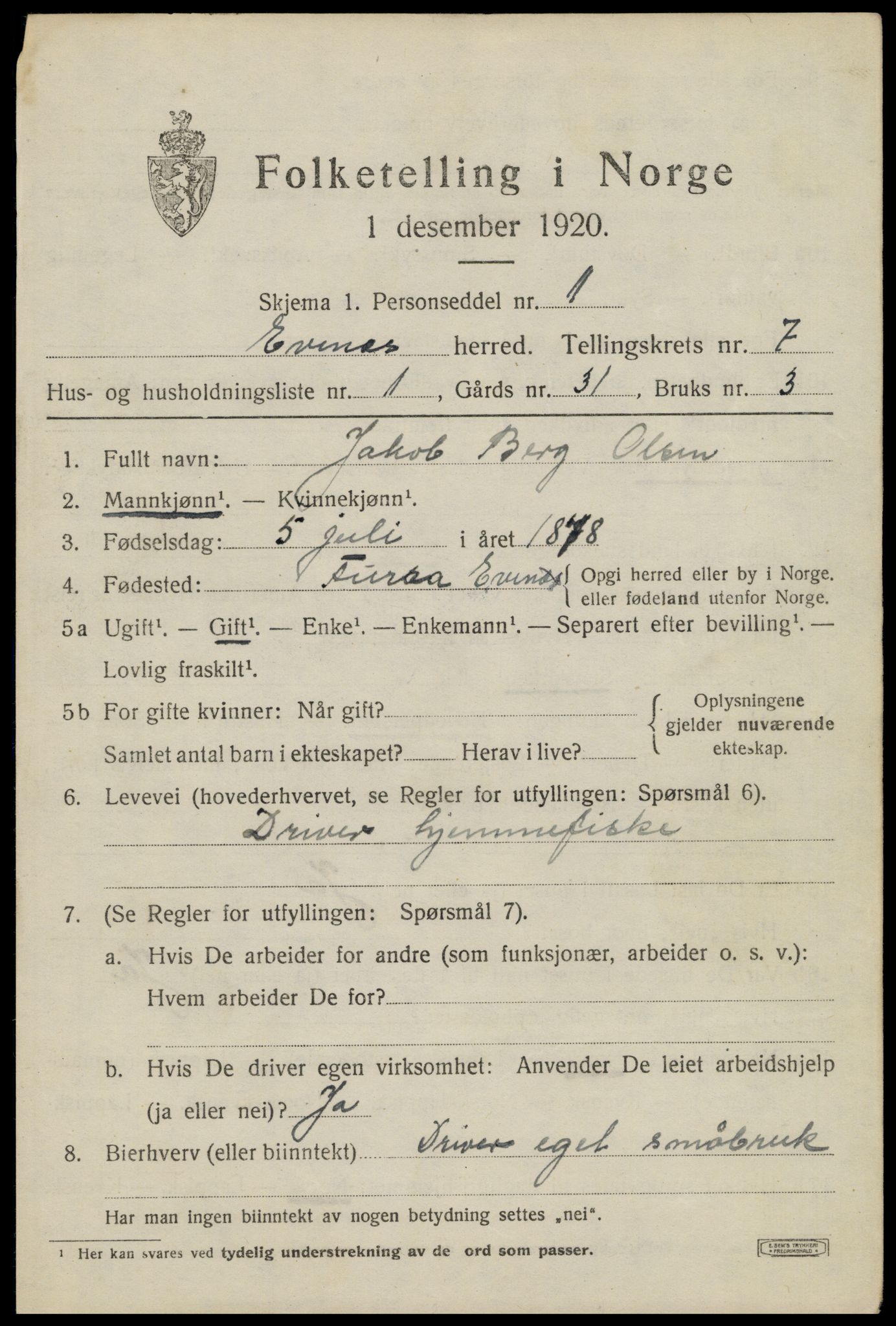 SAT, 1920 census for Evenes, 1920, p. 6116