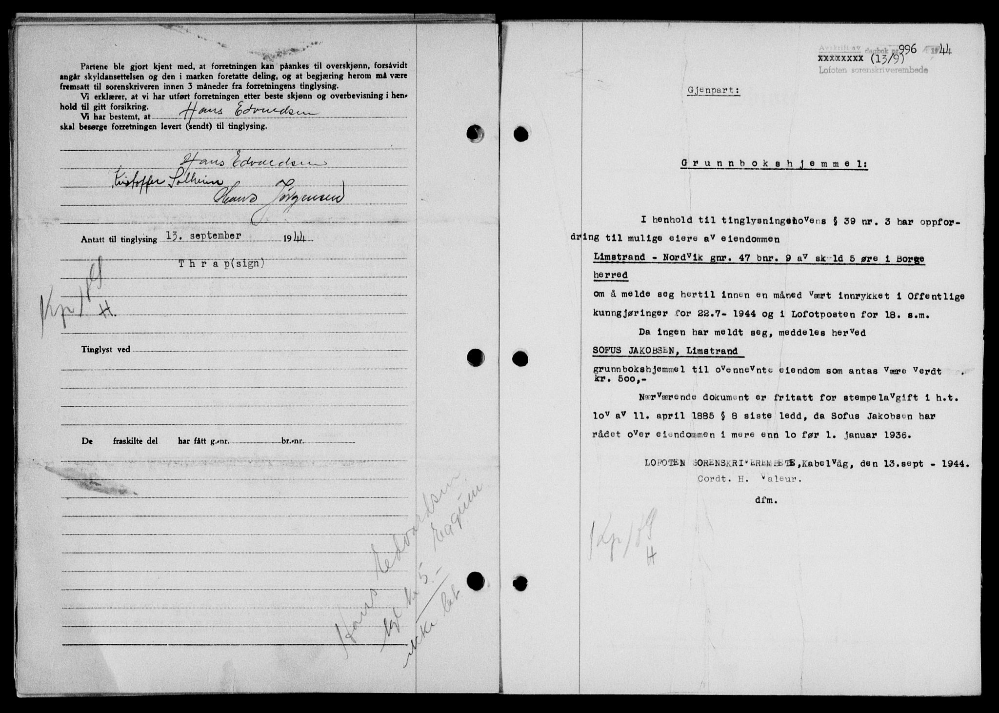 Lofoten sorenskriveri, SAT/A-0017/1/2/2C/L0012a: Mortgage book no. 12a, 1943-1944, Diary no: : 996/1944