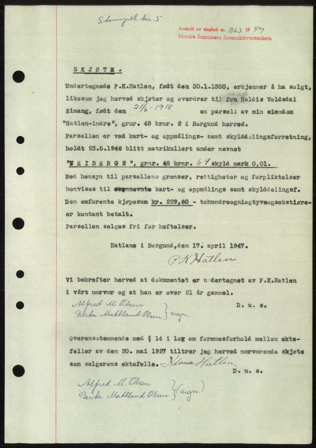 Nordre Sunnmøre sorenskriveri, AV/SAT-A-0006/1/2/2C/2Ca: Mortgage book no. A24, 1947-1947, Diary no: : 1063/1947