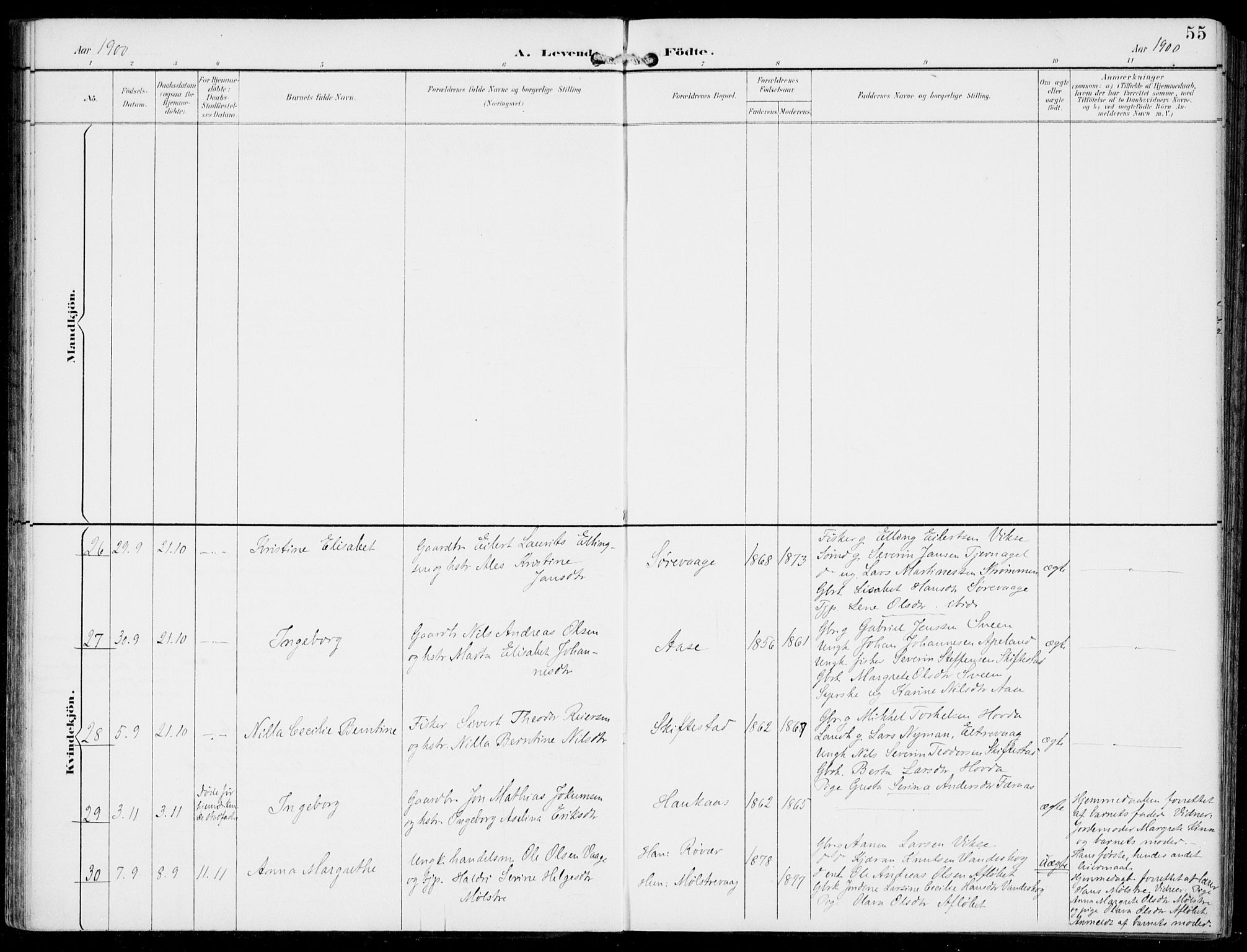 Sveio Sokneprestembete, AV/SAB-A-78501/H/Haa: Parish register (official) no. B  3, 1894-1906, p. 55