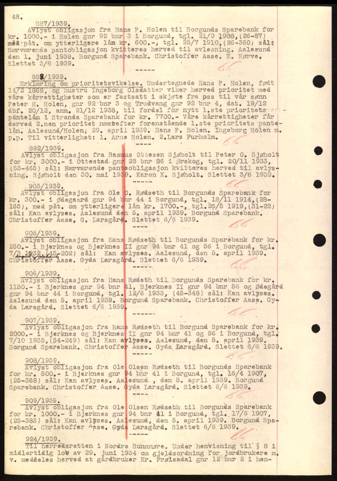 Nordre Sunnmøre sorenskriveri, AV/SAT-A-0006/1/2/2C/2Ca: Mortgage book no. B1-6, 1938-1942, Diary no: : 887/1939