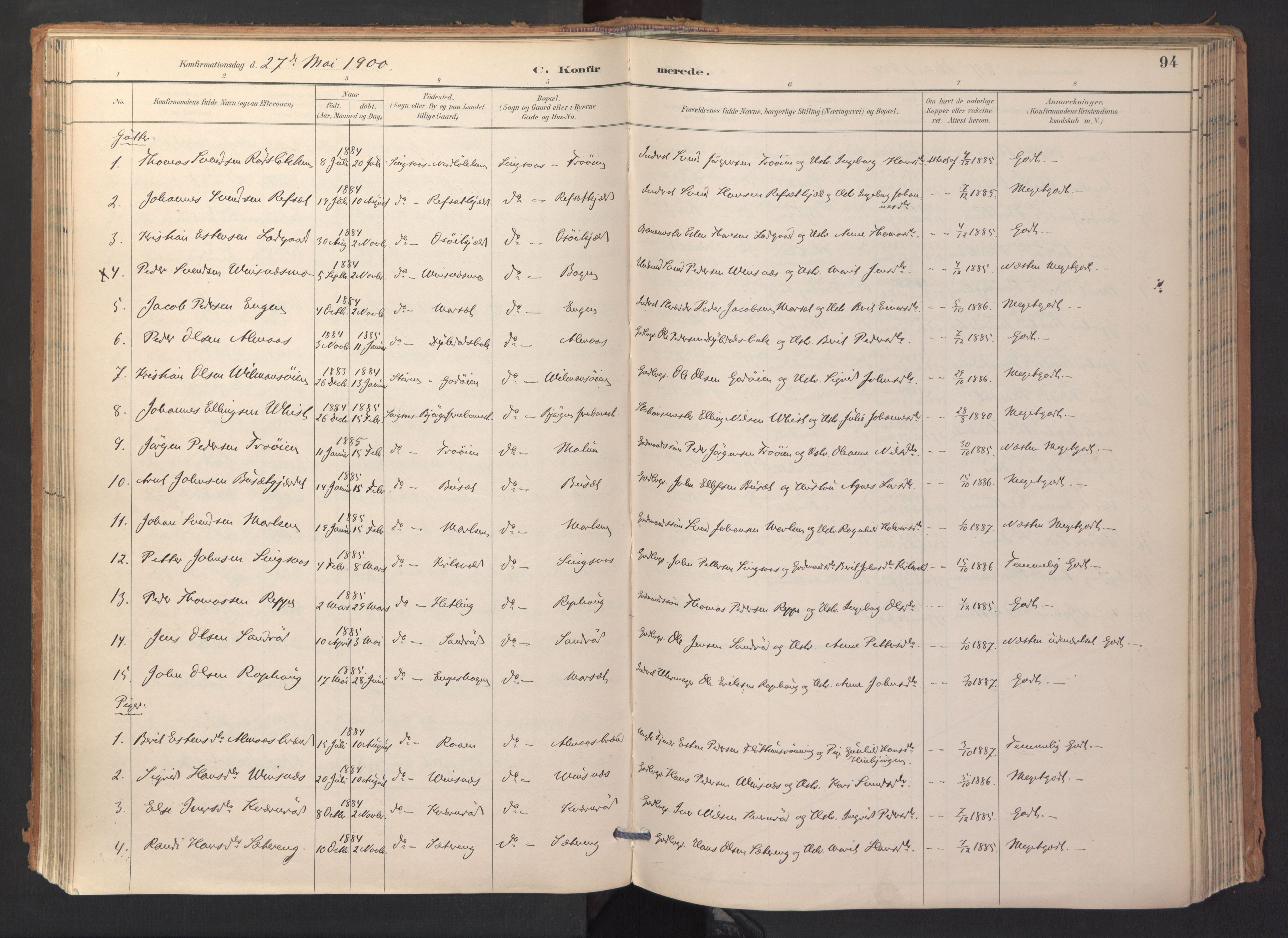 Ministerialprotokoller, klokkerbøker og fødselsregistre - Sør-Trøndelag, SAT/A-1456/688/L1025: Parish register (official) no. 688A02, 1891-1909, p. 94