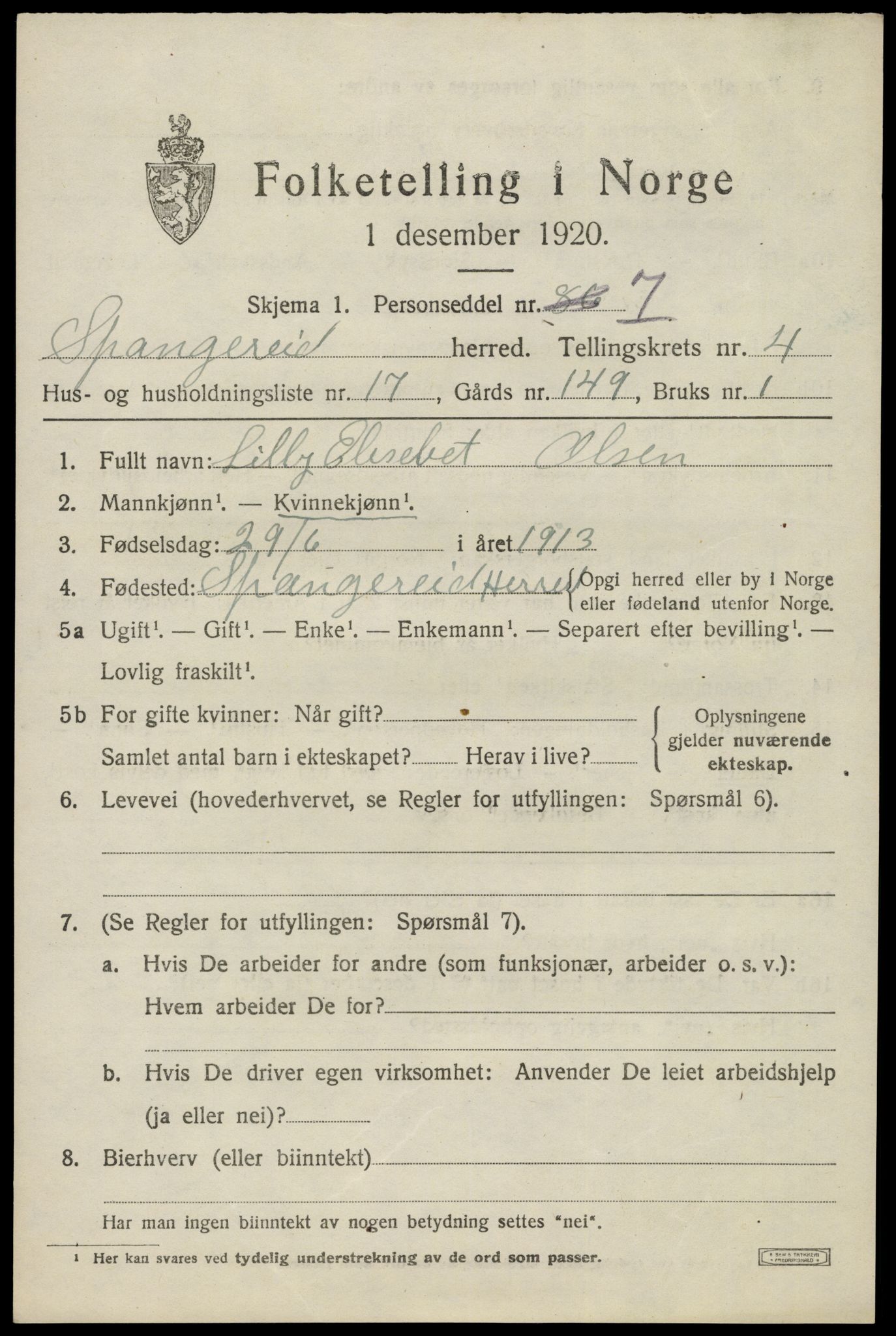 SAK, 1920 census for Spangereid, 1920, p. 1689
