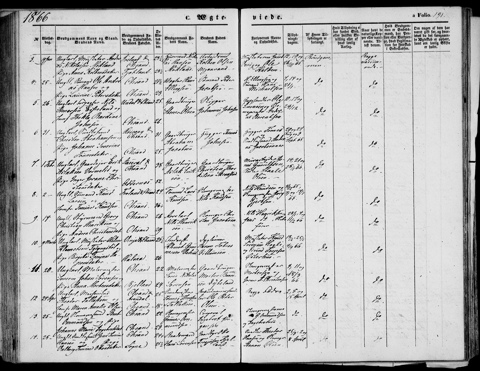 Kristiansand domprosti, AV/SAK-1112-0006/F/Fb/L0012: Parish register (copy) no. B 12, 1861-1870, p. 191