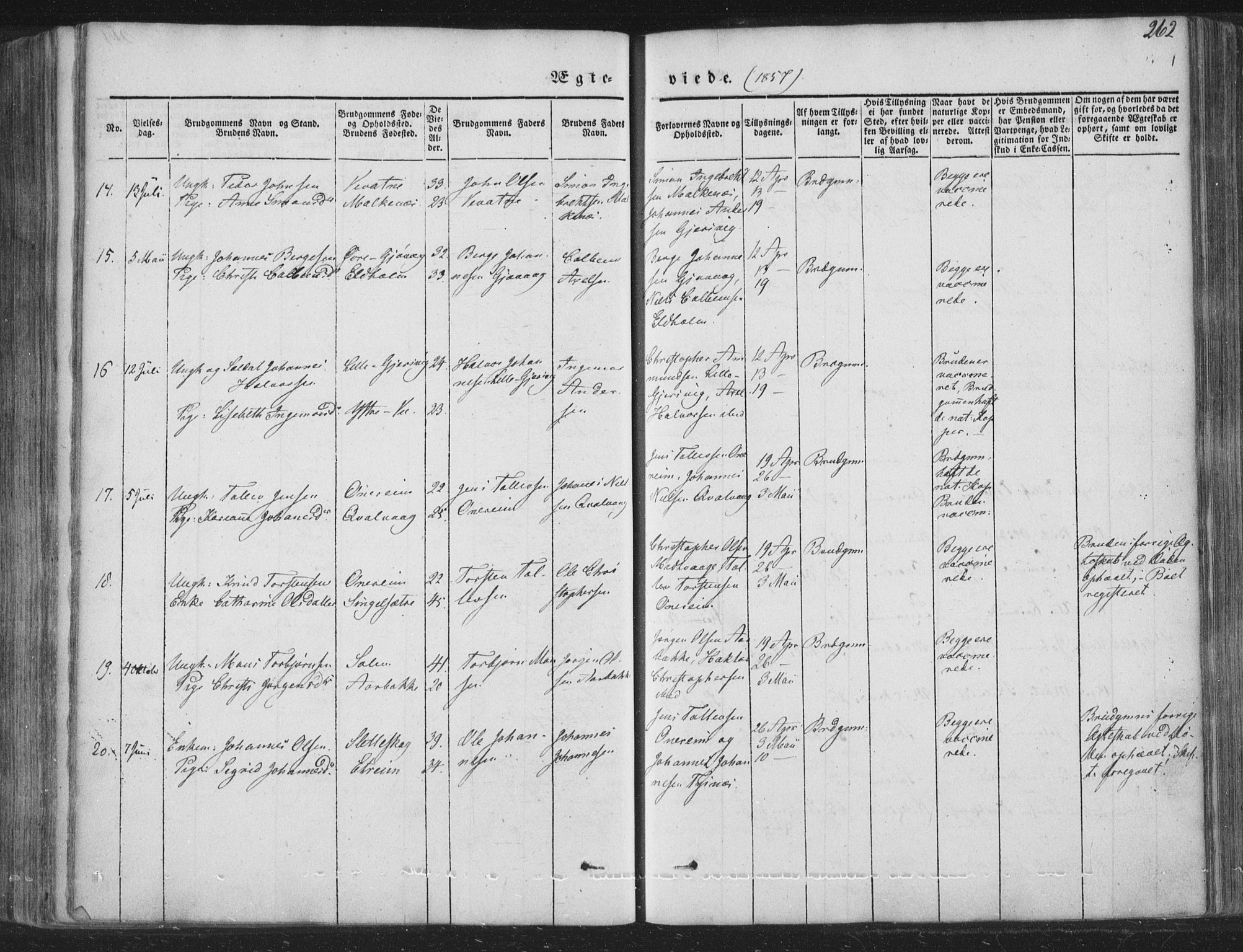 Tysnes sokneprestembete, AV/SAB-A-78601/H/Haa: Parish register (official) no. A 10, 1848-1859, p. 262