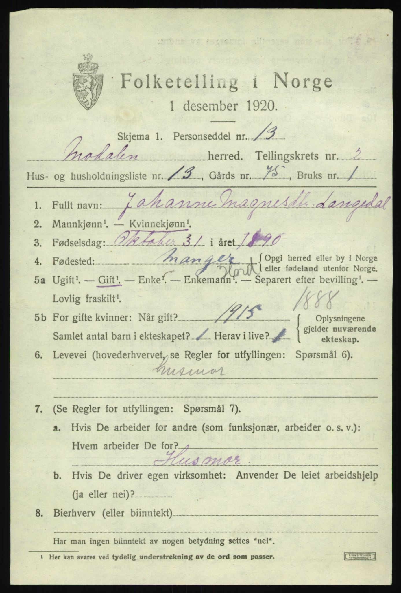 SAB, 1920 census for Modalen, 1920, p. 526