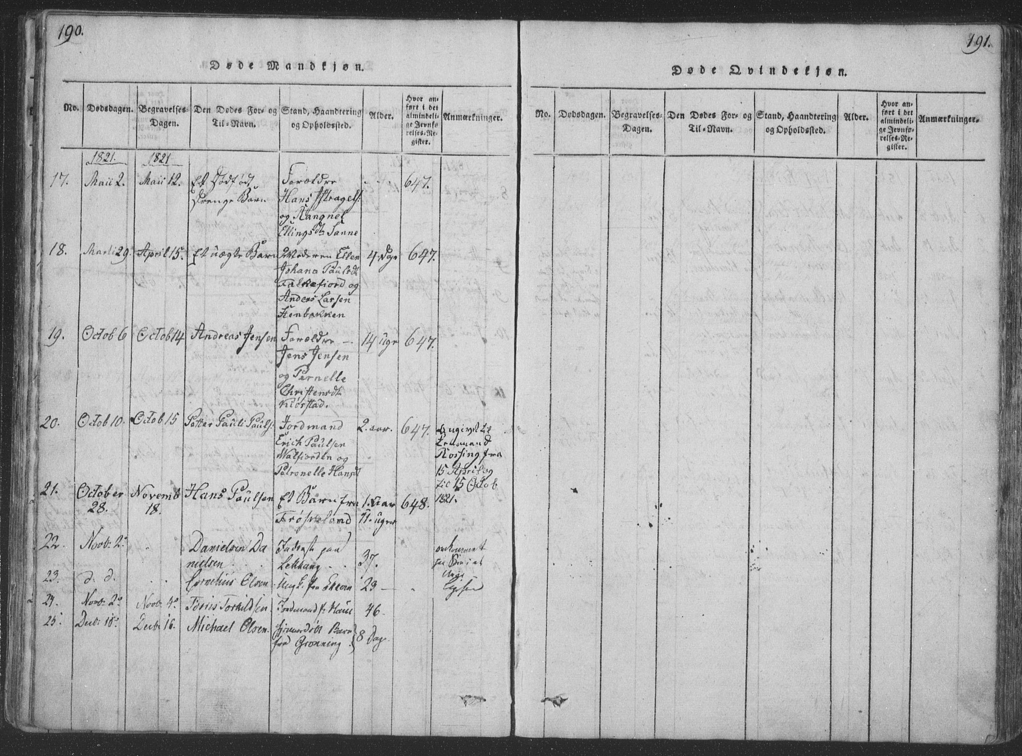 Ministerialprotokoller, klokkerbøker og fødselsregistre - Nordland, SAT/A-1459/888/L1262: Parish register (copy) no. 888C01, 1820-1836, p. 190-191