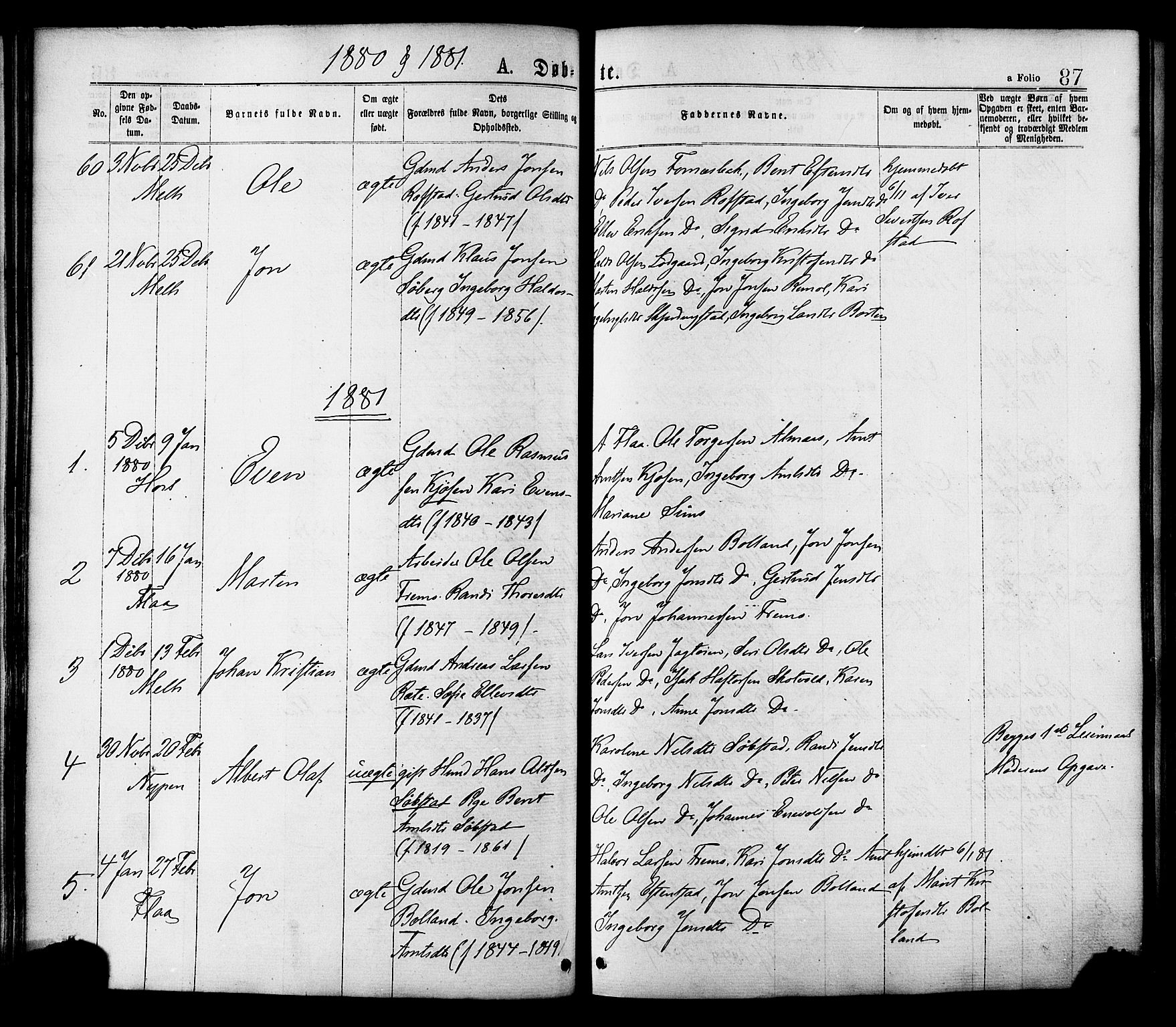 Ministerialprotokoller, klokkerbøker og fødselsregistre - Sør-Trøndelag, SAT/A-1456/691/L1079: Parish register (official) no. 691A11, 1873-1886, p. 87