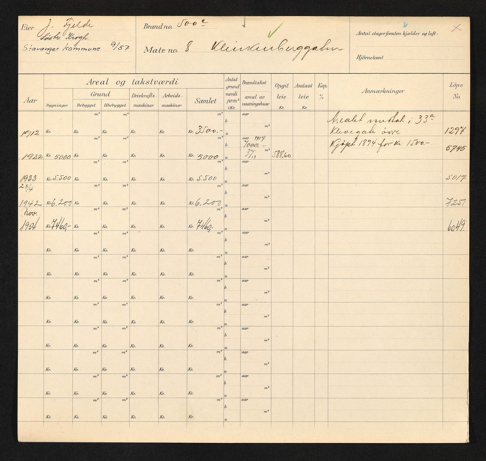 Stavanger kommune. Skattetakstvesenet, BYST/A-0440/F/Fa/Faa/L0025/0003: Skattetakstkort / Klinkenberggata 8 - 60