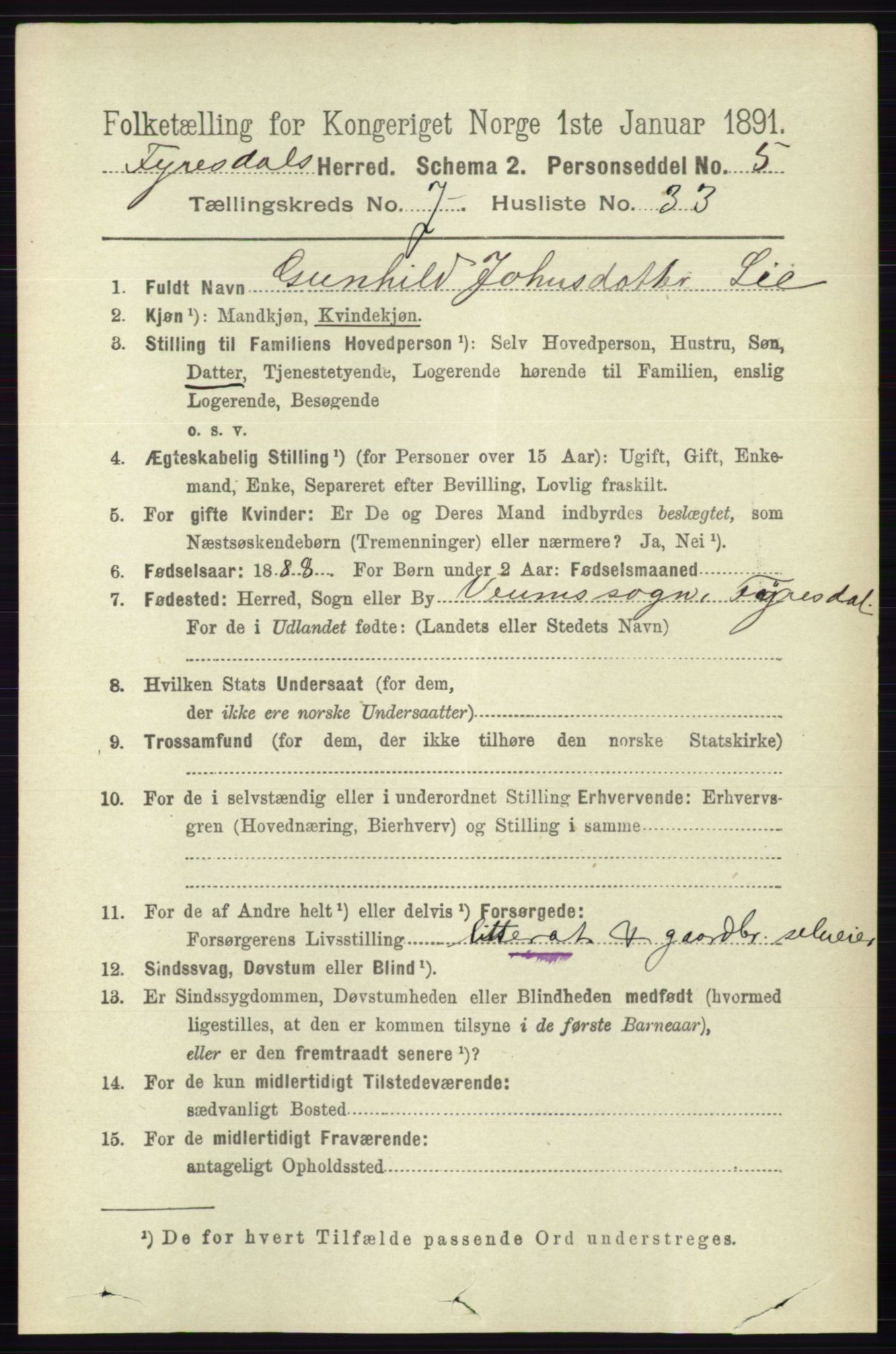 RA, 1891 census for 0831 Fyresdal, 1891, p. 2124