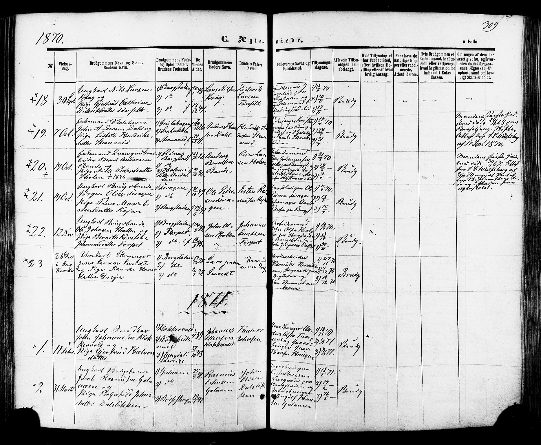 Ministerialprotokoller, klokkerbøker og fødselsregistre - Sør-Trøndelag, SAT/A-1456/681/L0932: Parish register (official) no. 681A10, 1860-1878, p. 309