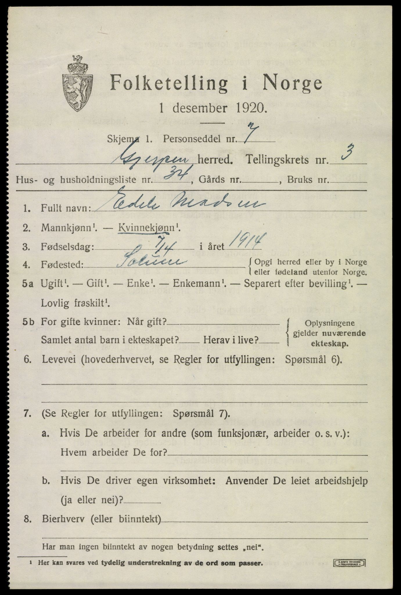 SAKO, 1920 census for Gjerpen, 1920, p. 5612