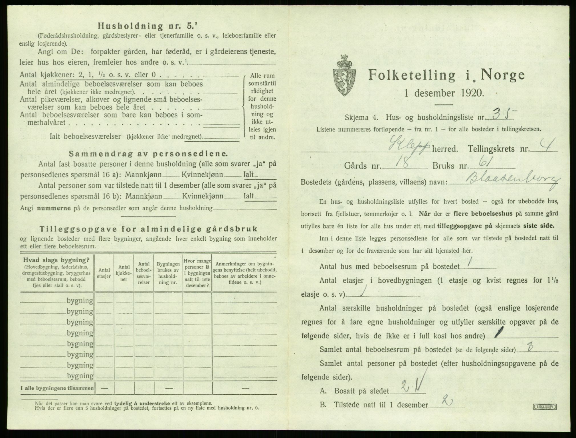 SAST, 1920 census for Klepp, 1920, p. 1186