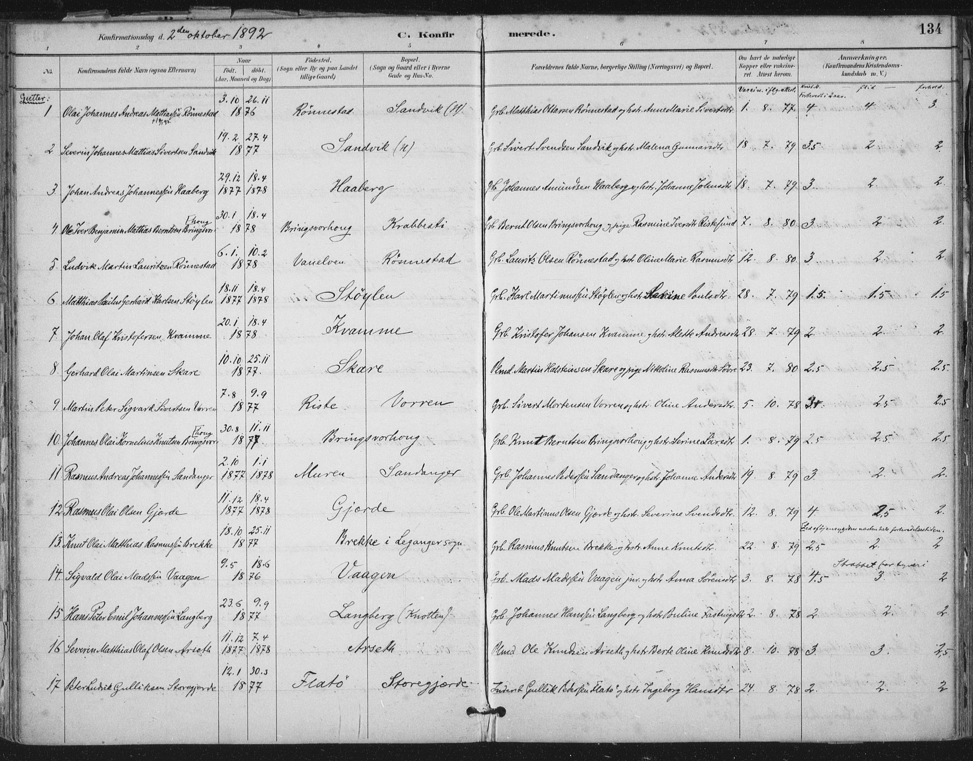 Ministerialprotokoller, klokkerbøker og fødselsregistre - Møre og Romsdal, SAT/A-1454/503/L0037: Parish register (official) no. 503A05, 1884-1900, p. 134
