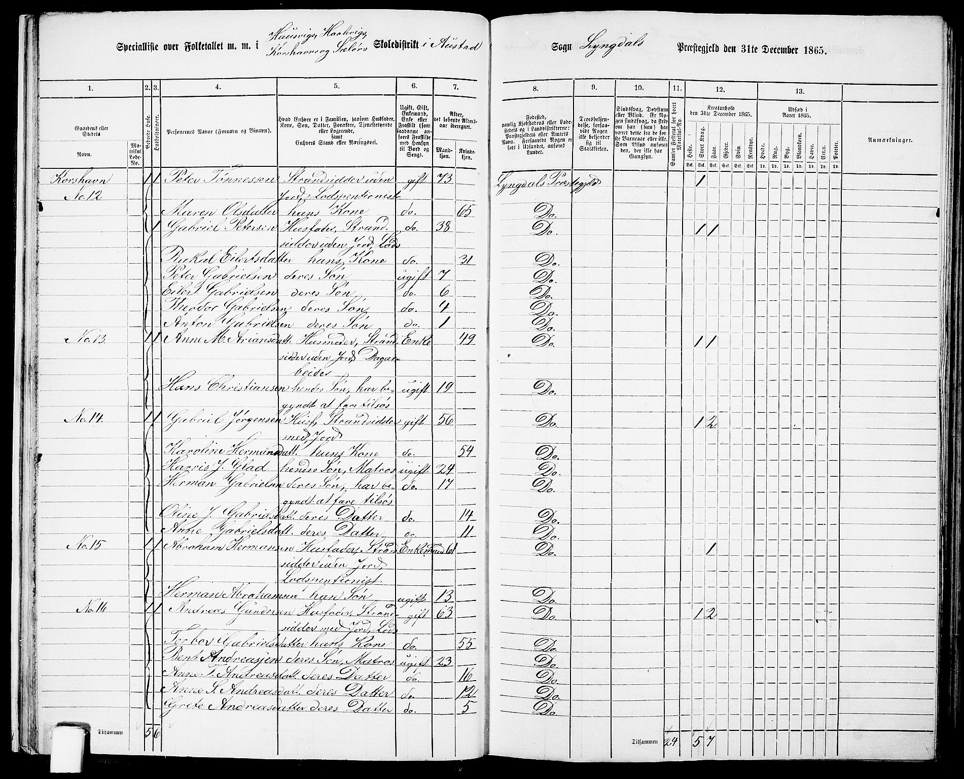 RA, 1865 census for Lyngdal, 1865, p. 28