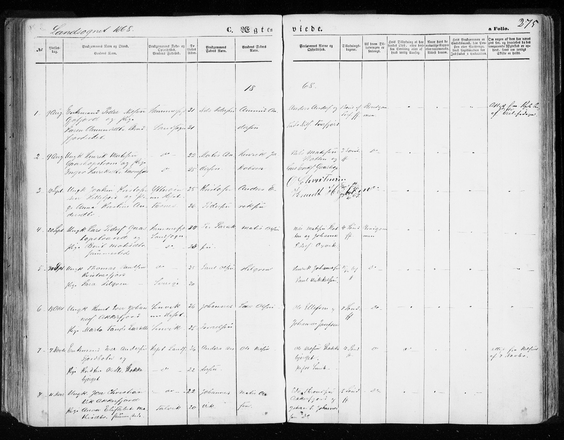 Hammerfest sokneprestkontor, AV/SATØ-S-1347/H/Ha/L0005.kirke: Parish register (official) no. 5, 1857-1869, p. 275