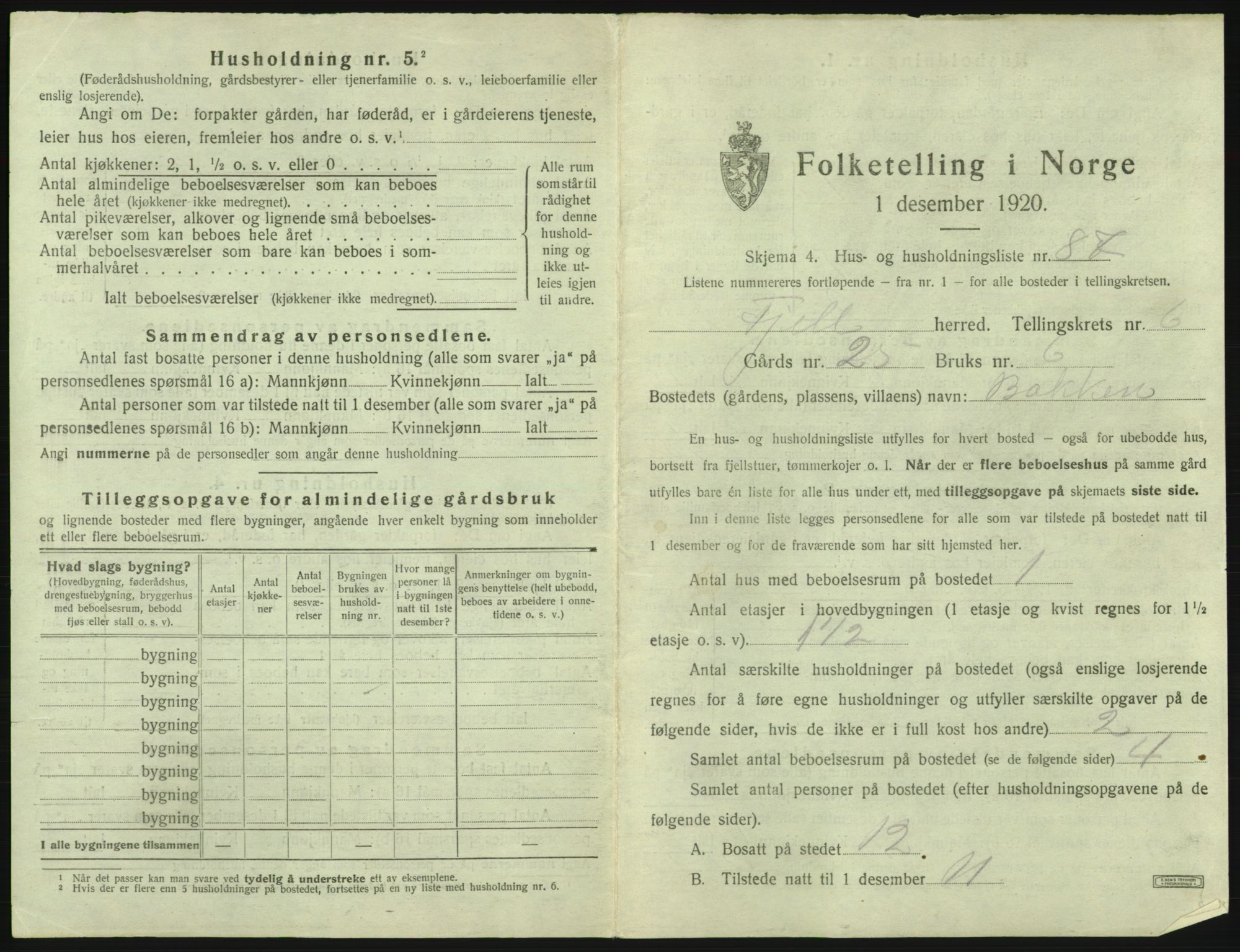 SAB, 1920 census for Fjell, 1920, p. 788