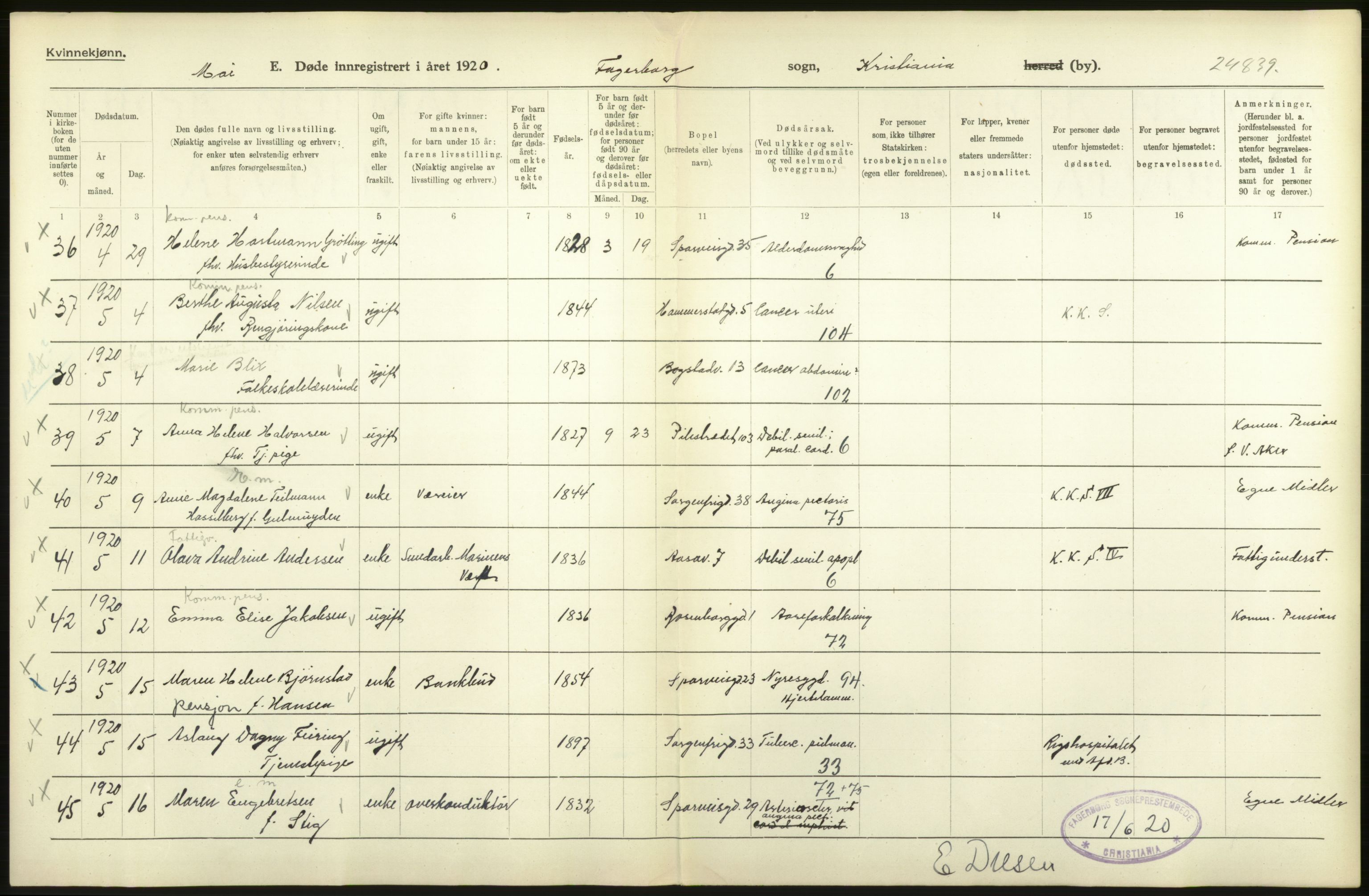 Statistisk sentralbyrå, Sosiodemografiske emner, Befolkning, AV/RA-S-2228/D/Df/Dfb/Dfbj/L0013: Kristiania: Døde, 1920