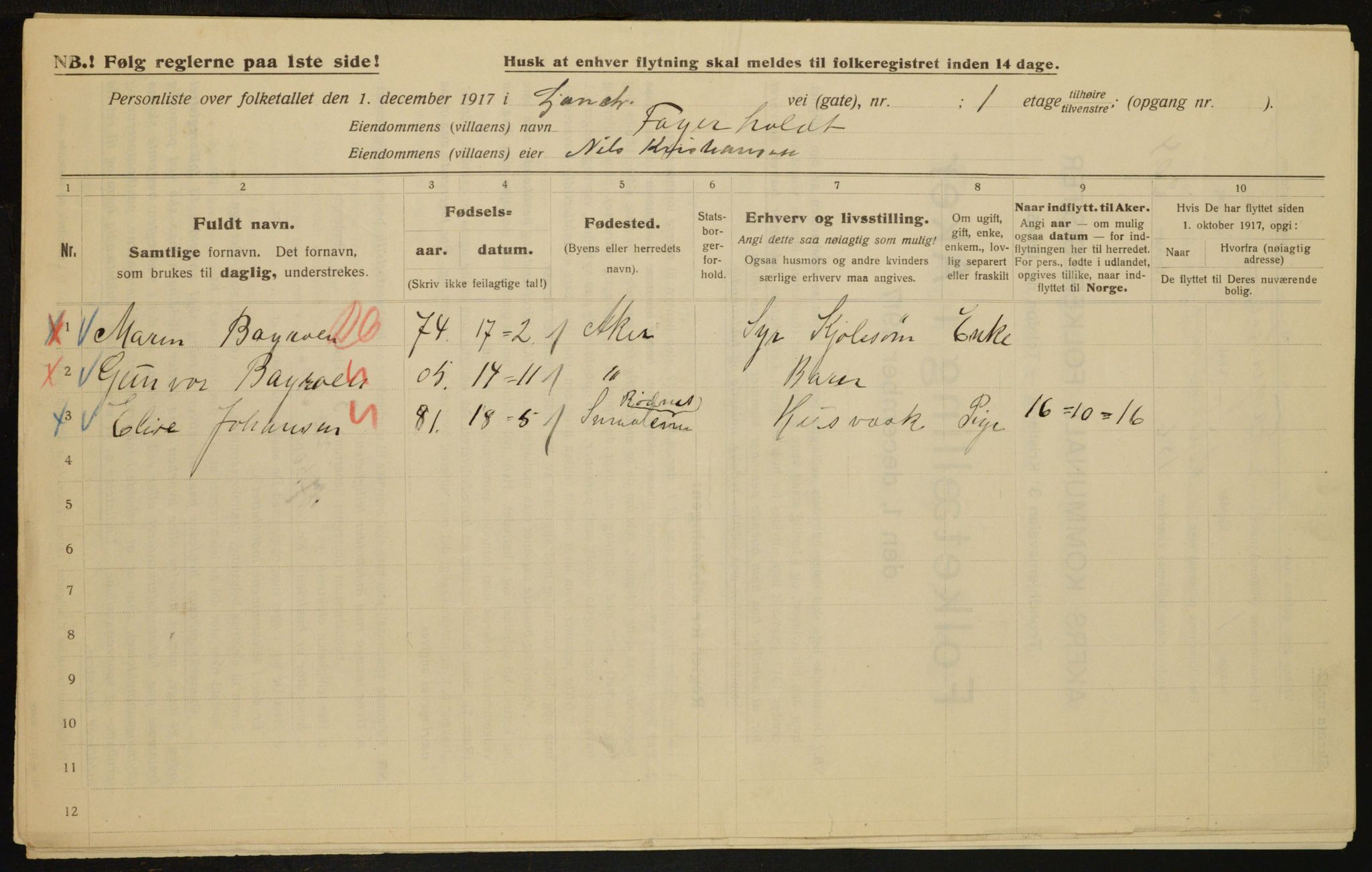 OBA, Municipal Census 1917 for Aker, 1917, p. 17240