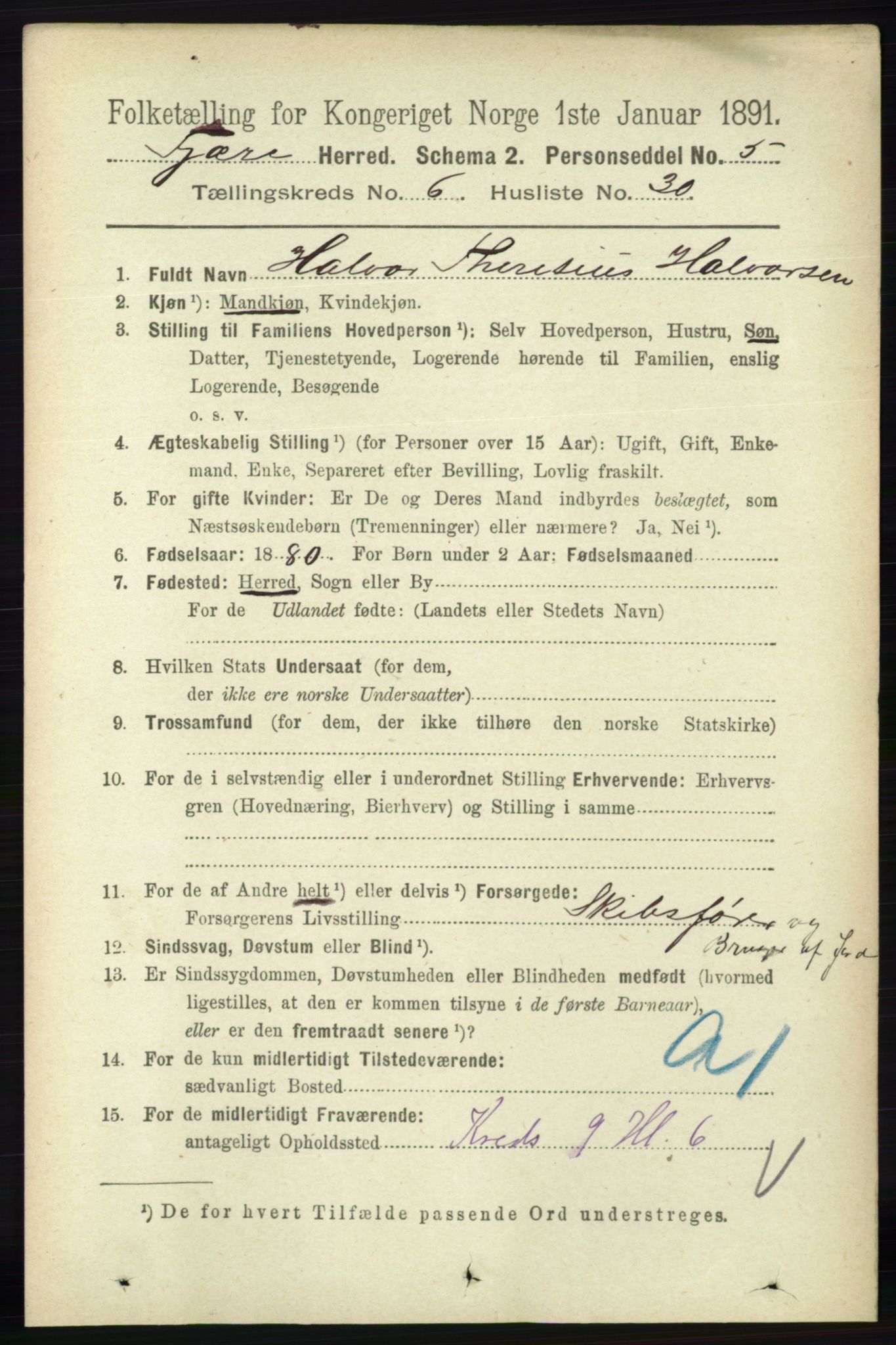 RA, 1891 census for 0923 Fjære, 1891, p. 3115