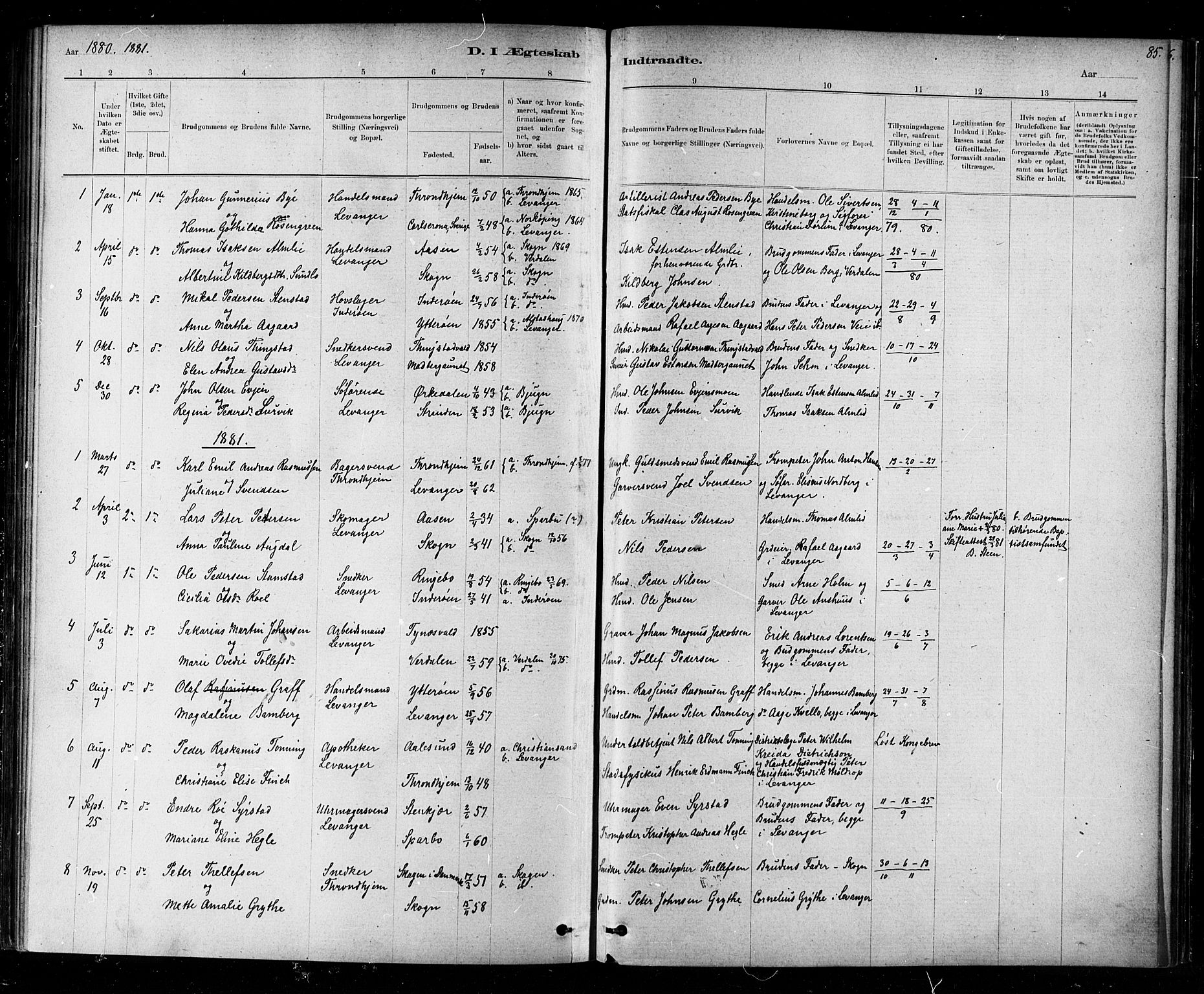 Ministerialprotokoller, klokkerbøker og fødselsregistre - Nord-Trøndelag, SAT/A-1458/720/L0192: Parish register (copy) no. 720C01, 1880-1917, p. 85