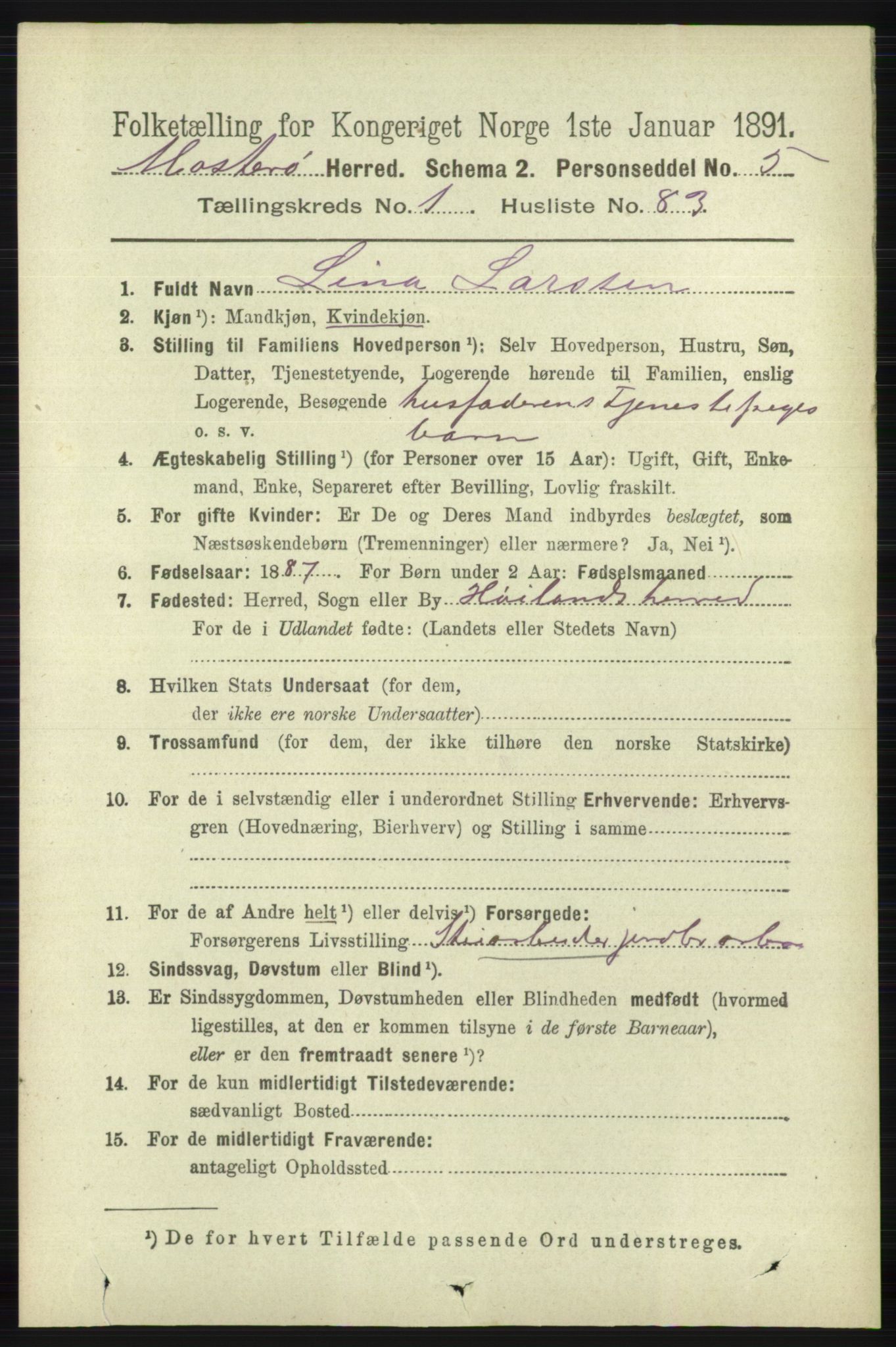 RA, 1891 census for 1143 Mosterøy, 1891, p. 562