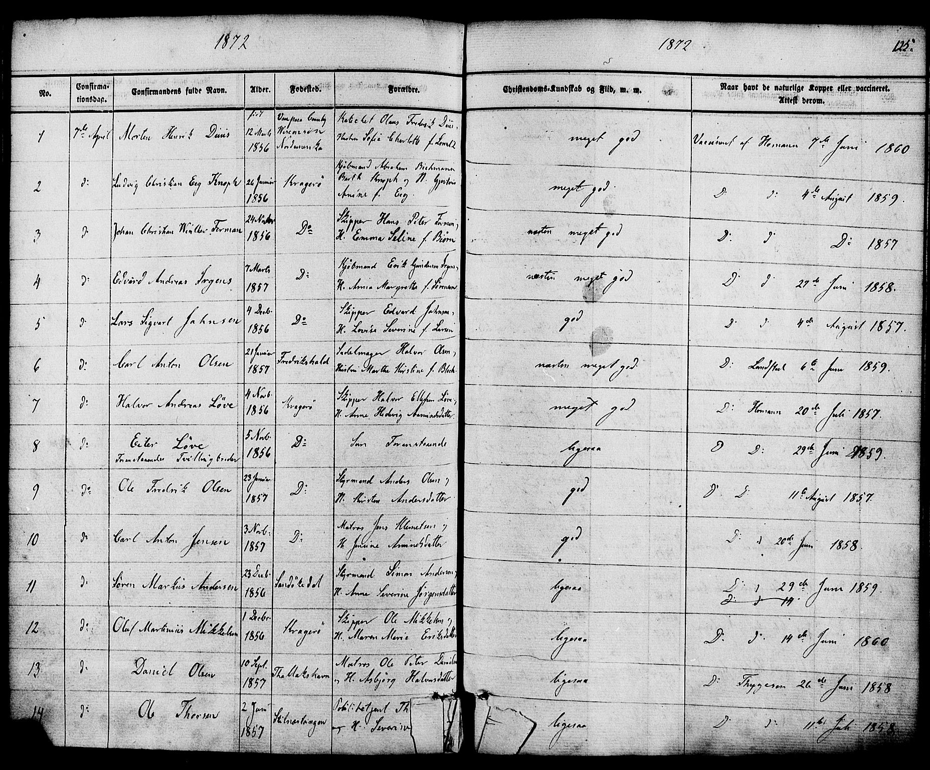 Kragerø kirkebøker, SAKO/A-278/F/Fa/L0008: Parish register (official) no. 8, 1856-1880, p. 125