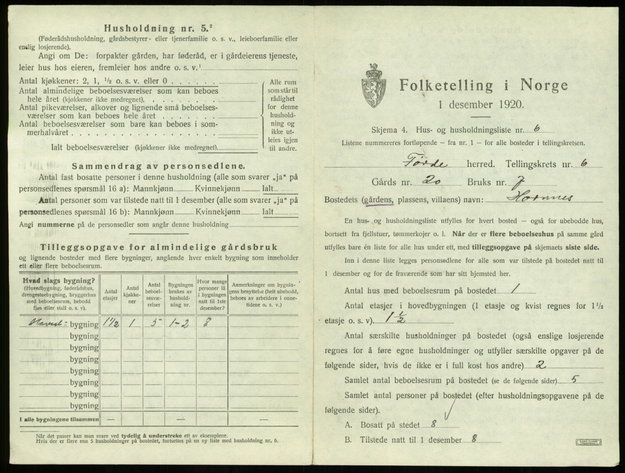 SAB, 1920 census for Førde, 1920, p. 285