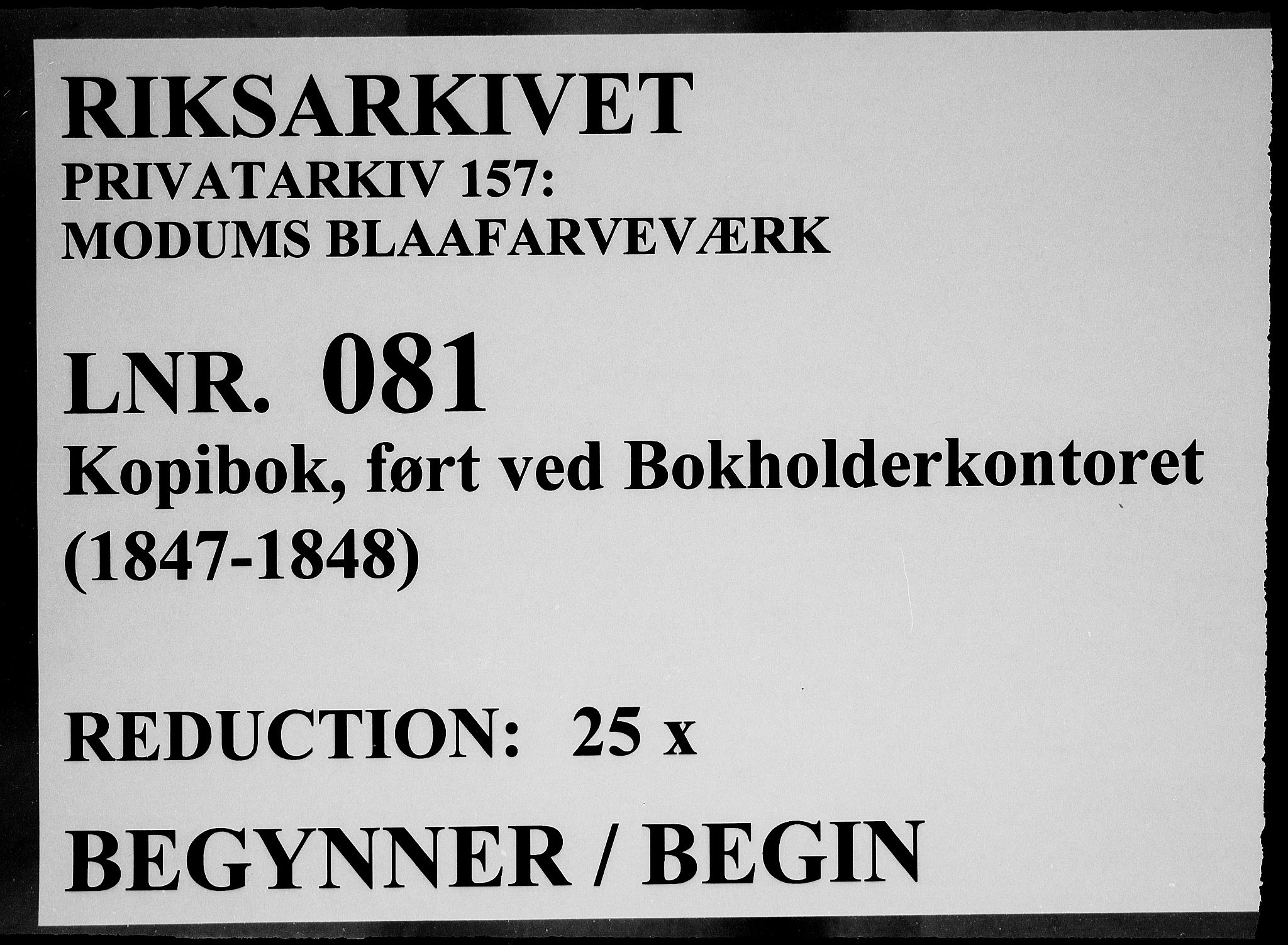 Modums Blaafarveværk, RA/PA-0157/G/Gb/L0081/0001: -- / Kopibok, ført ved Bokholderkontoret, 1847-1848, p. 1