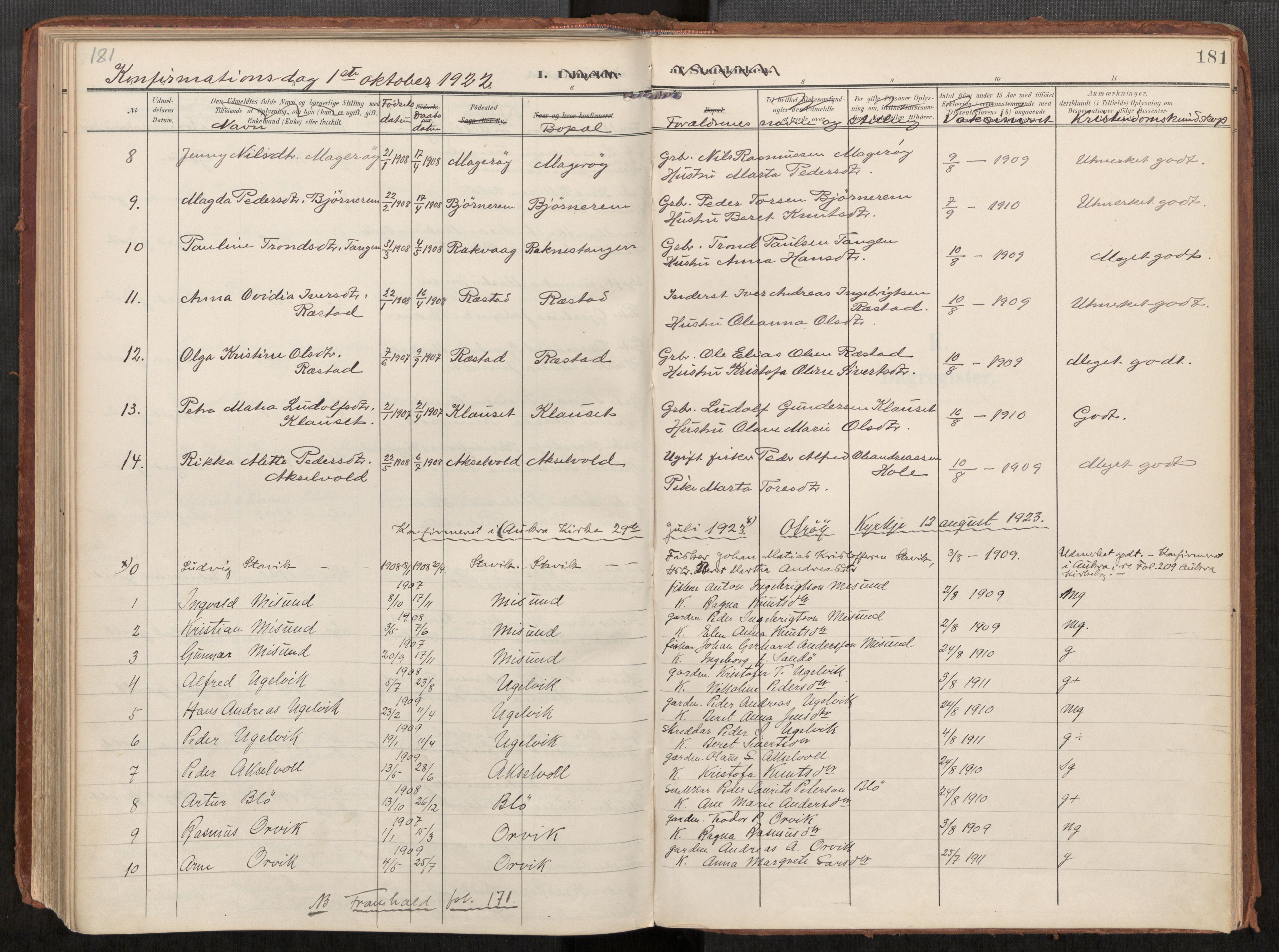 Ministerialprotokoller, klokkerbøker og fødselsregistre - Møre og Romsdal, AV/SAT-A-1454/563/L0740: Parish register (official) no. 563A02, 1903-1923, p. 181