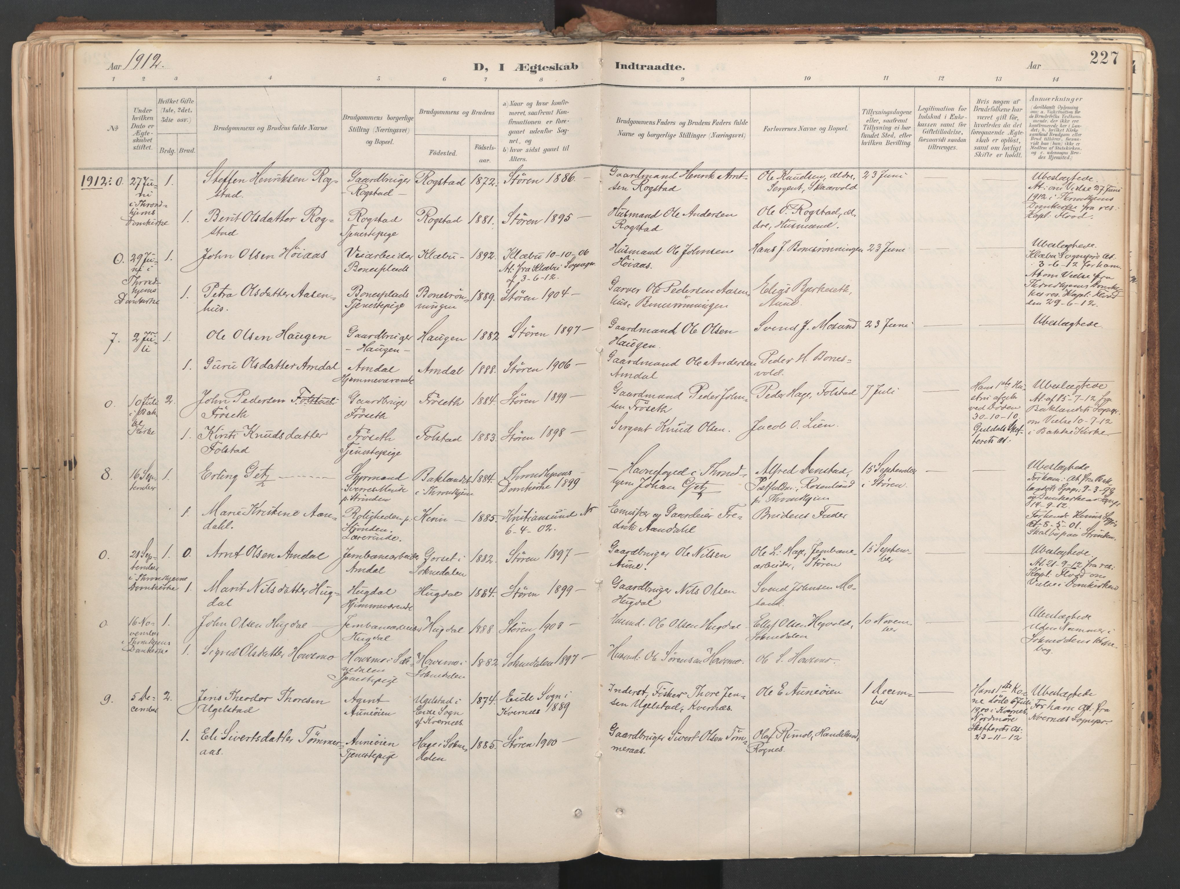 Ministerialprotokoller, klokkerbøker og fødselsregistre - Sør-Trøndelag, SAT/A-1456/687/L1004: Parish register (official) no. 687A10, 1891-1923, p. 227