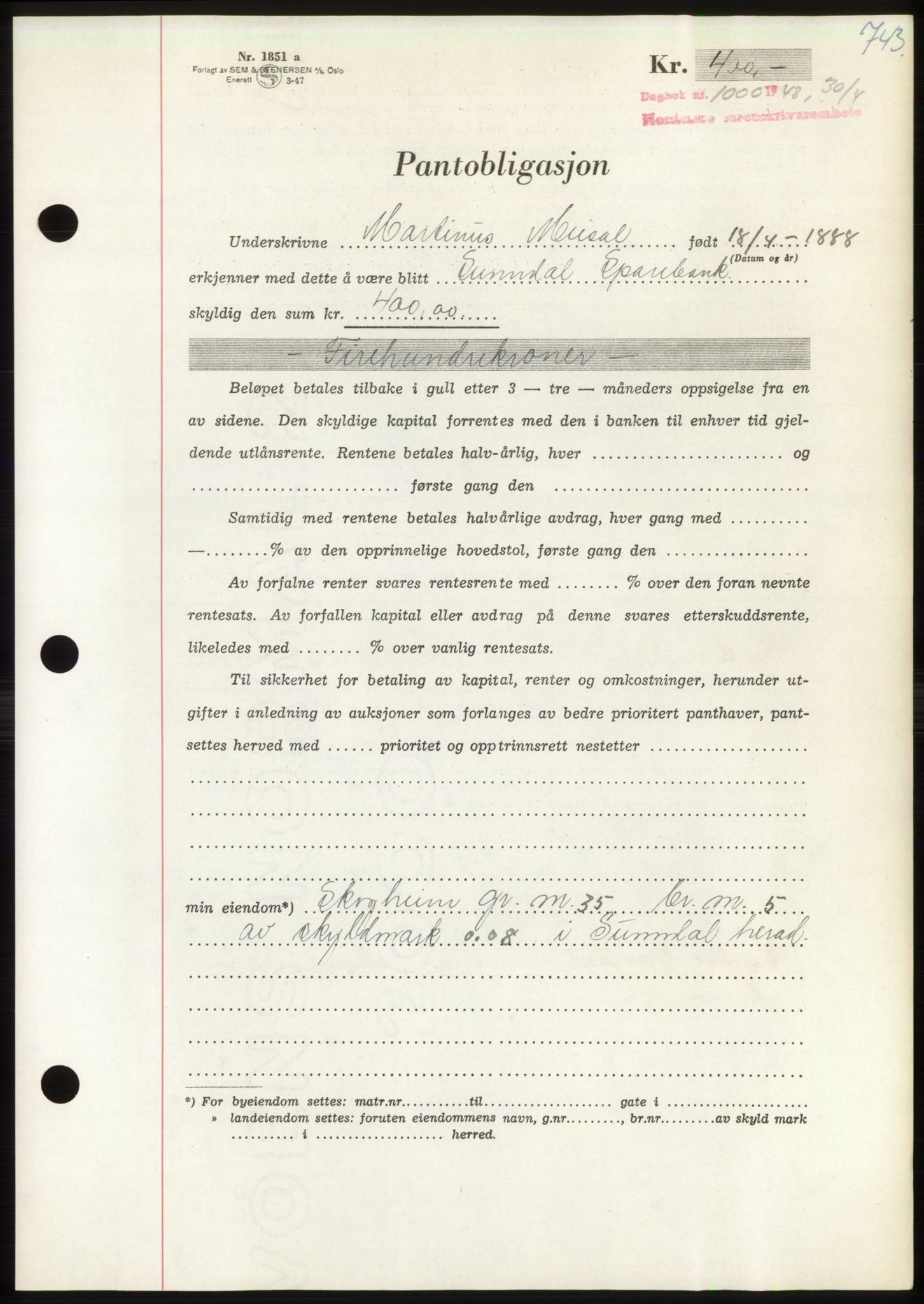 Nordmøre sorenskriveri, AV/SAT-A-4132/1/2/2Ca: Mortgage book no. B98, 1948-1948, Diary no: : 1000/1948