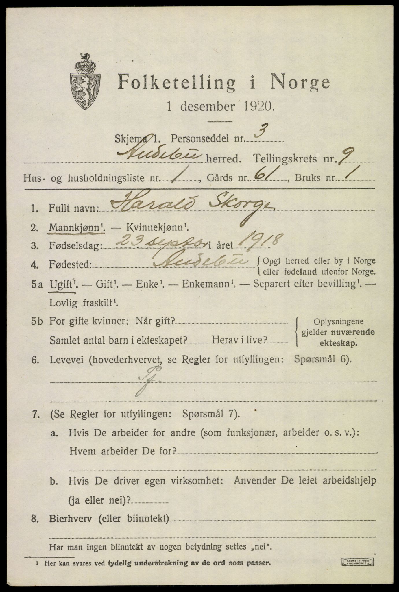 SAKO, 1920 census for Andebu, 1920, p. 3836