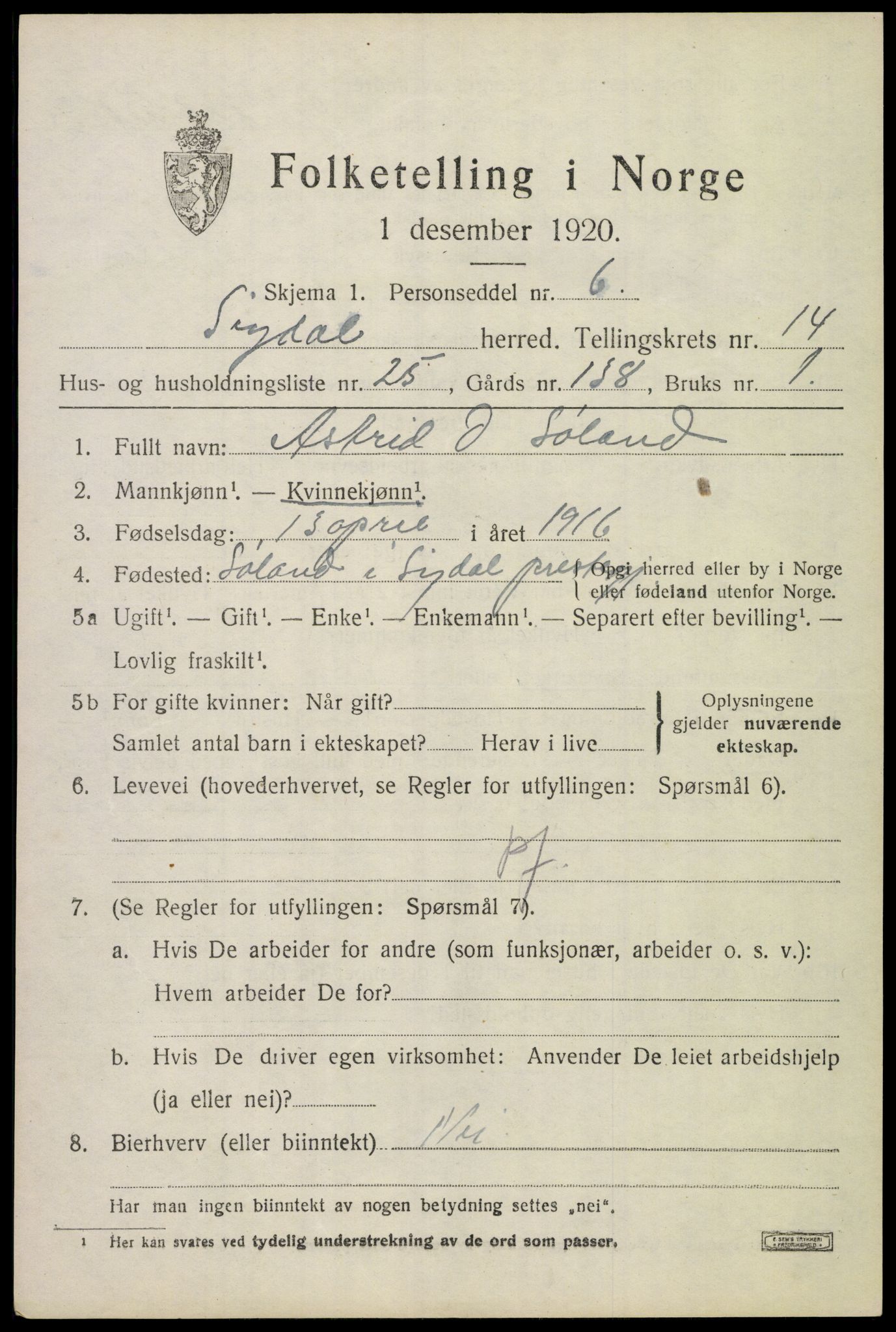 SAKO, 1920 census for Sigdal, 1920, p. 8882