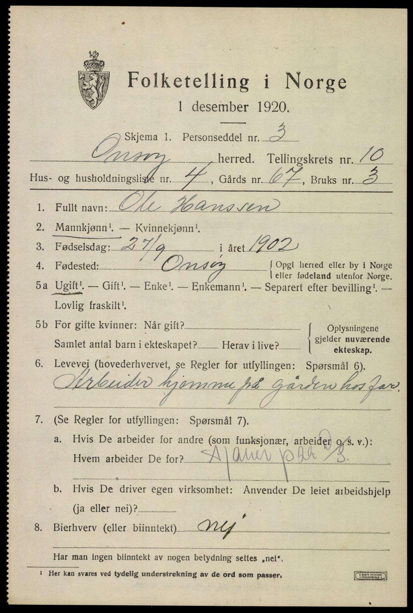 SAO, 1920 census for Onsøy, 1920, p. 13574