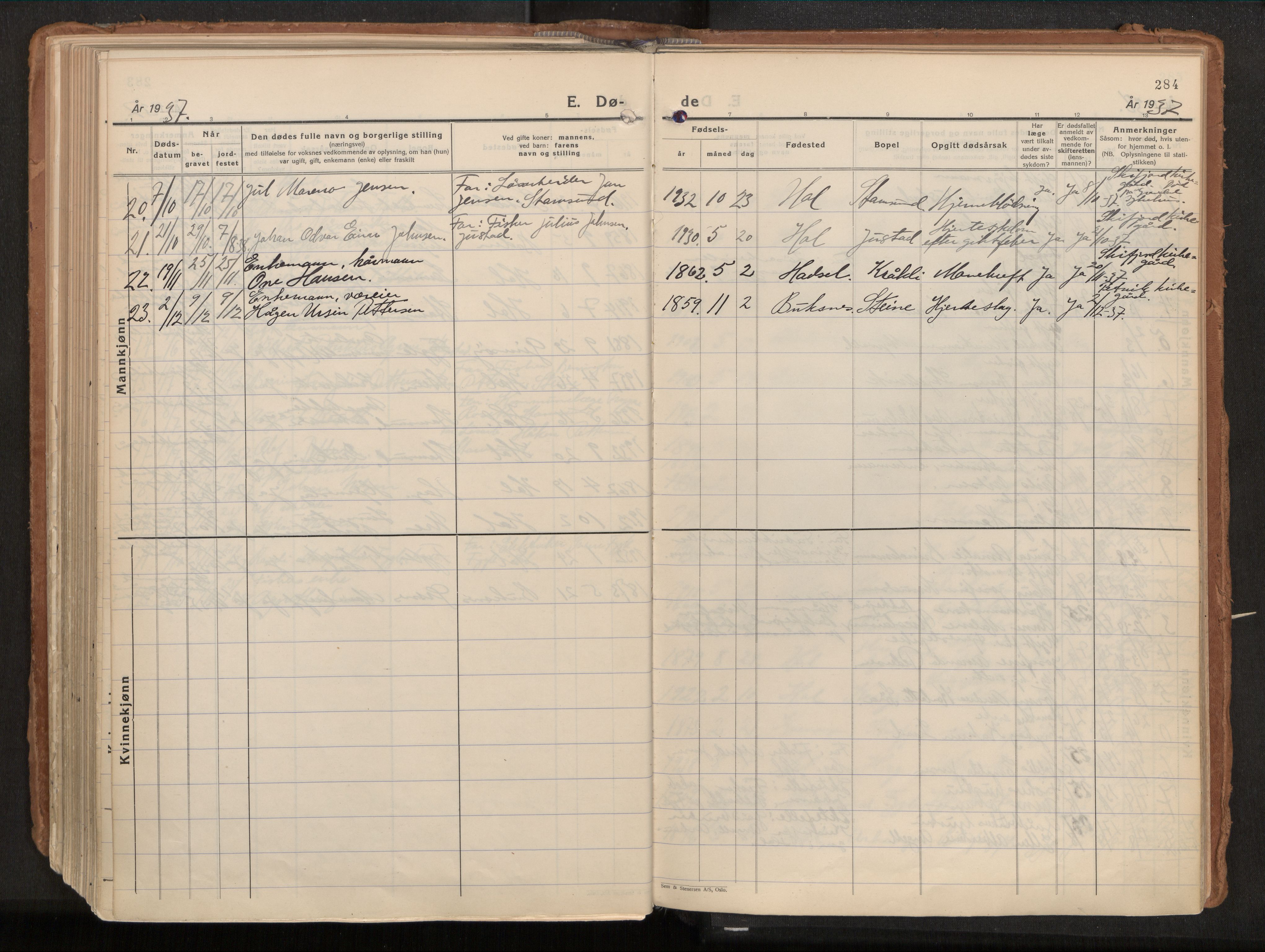 Ministerialprotokoller, klokkerbøker og fødselsregistre - Nordland, AV/SAT-A-1459/882/L1182: Parish register (official) no. 882A04, 1932-1950, p. 284