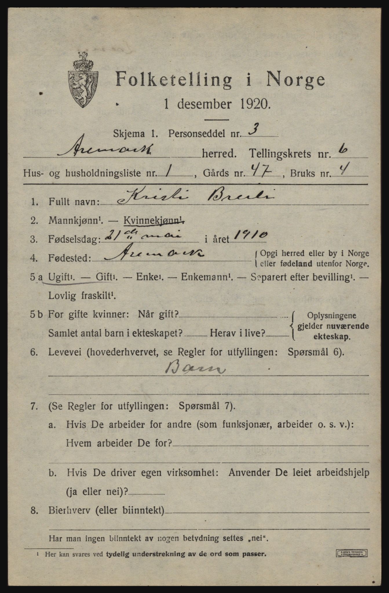 SAO, 1920 census for Aremark, 1920, p. 3727