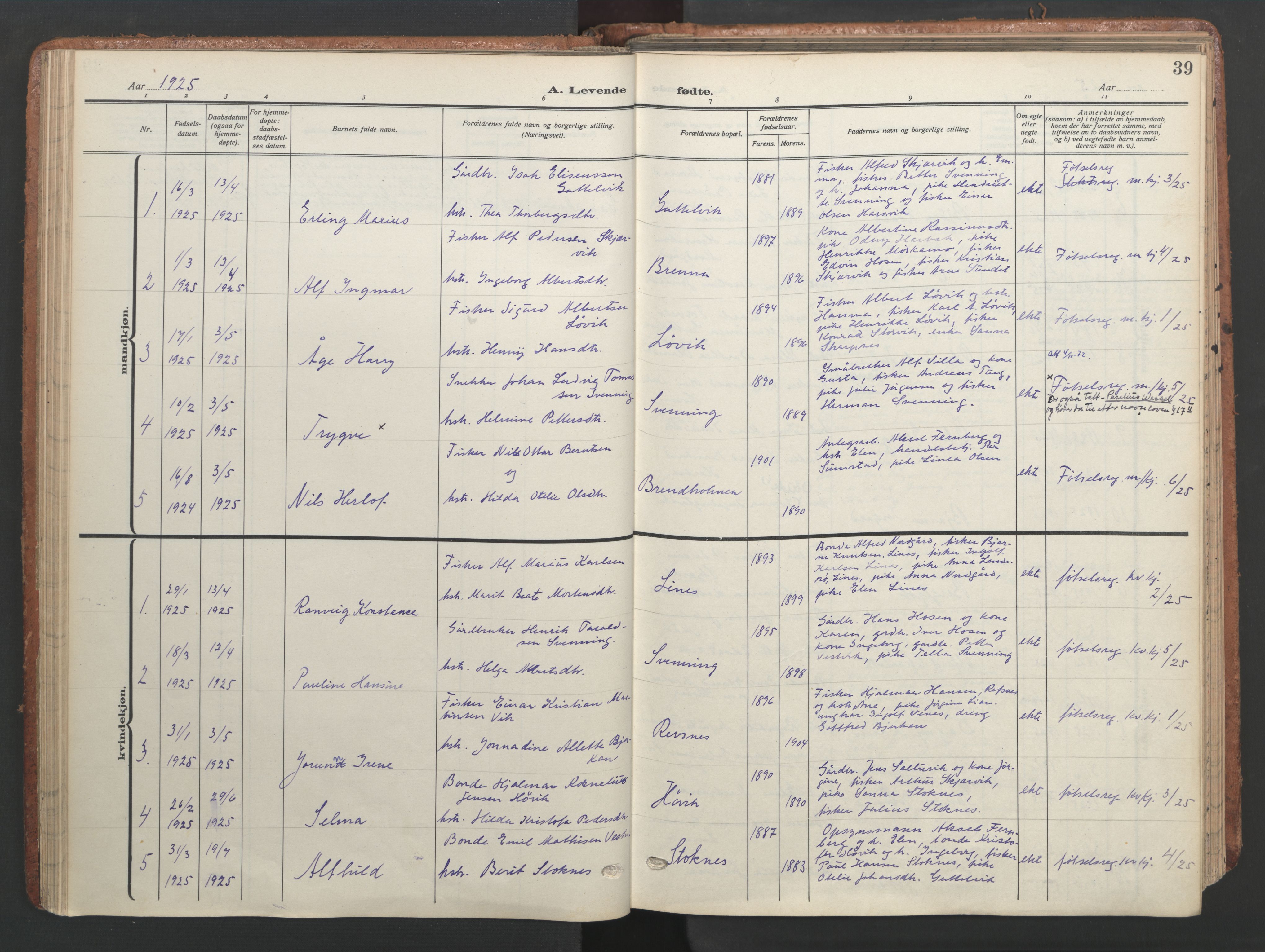 Ministerialprotokoller, klokkerbøker og fødselsregistre - Sør-Trøndelag, SAT/A-1456/656/L0694: Parish register (official) no. 656A03, 1914-1931, p. 39