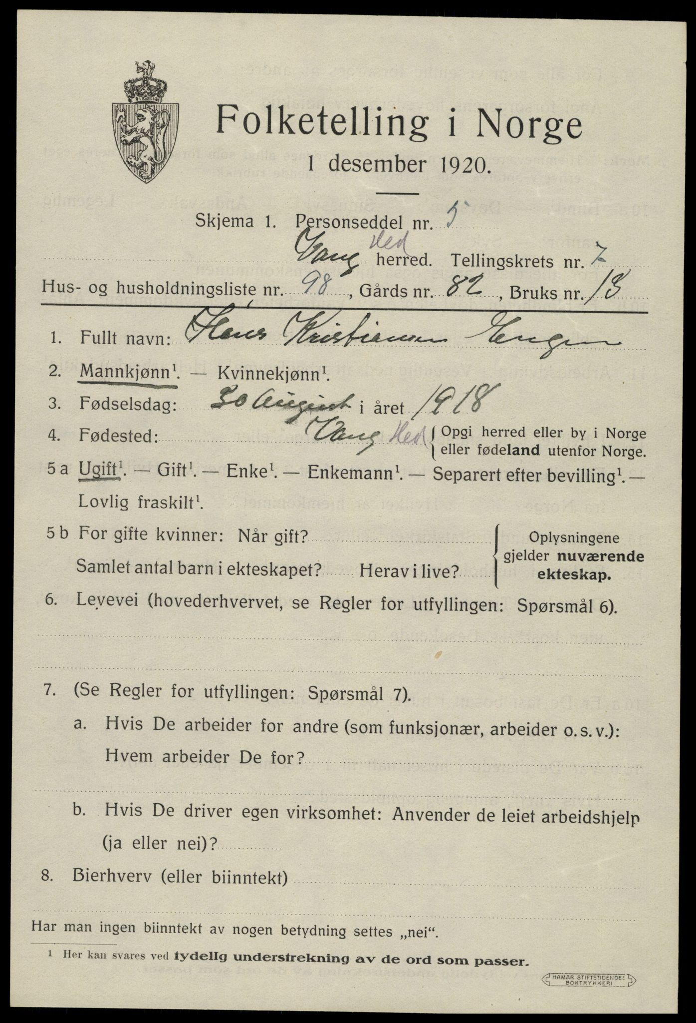 SAH, 1920 census for Vang (Hedmark), 1920, p. 17011