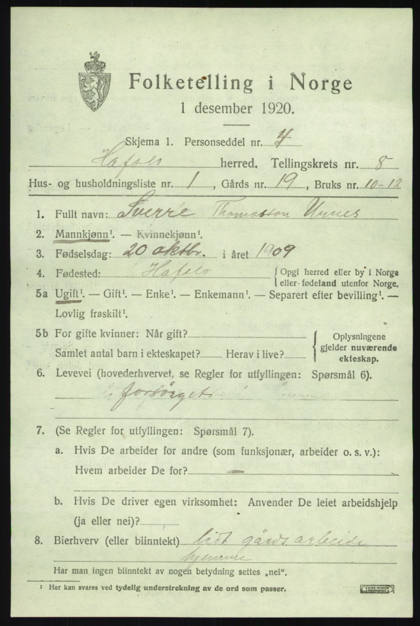 SAB, 1920 census for Hafslo, 1920, p. 5654