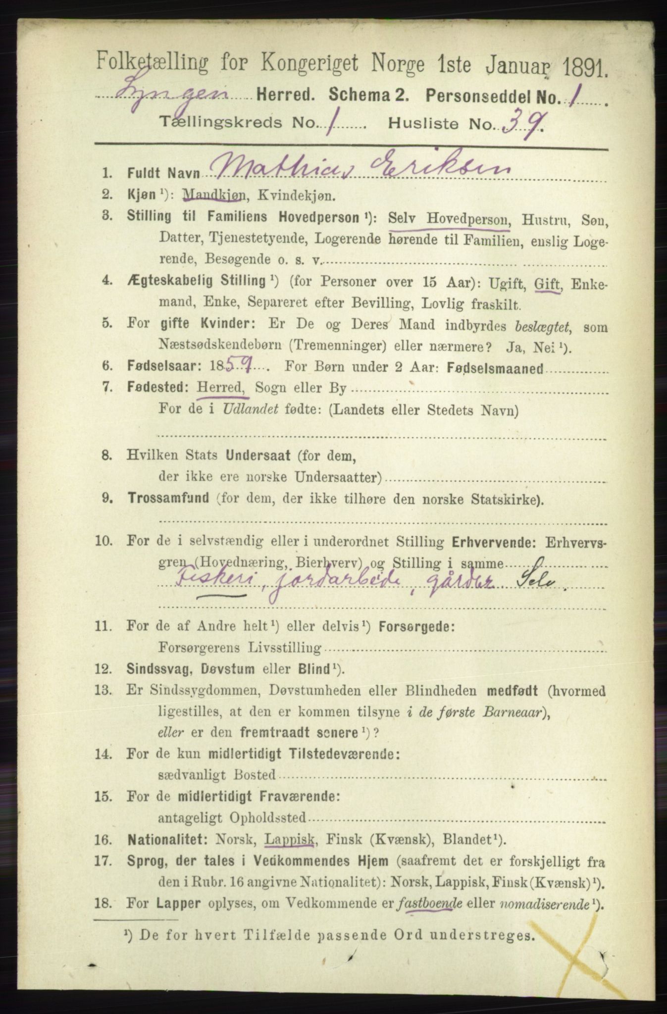 RA, 1891 census for 1938 Lyngen, 1891, p. 536