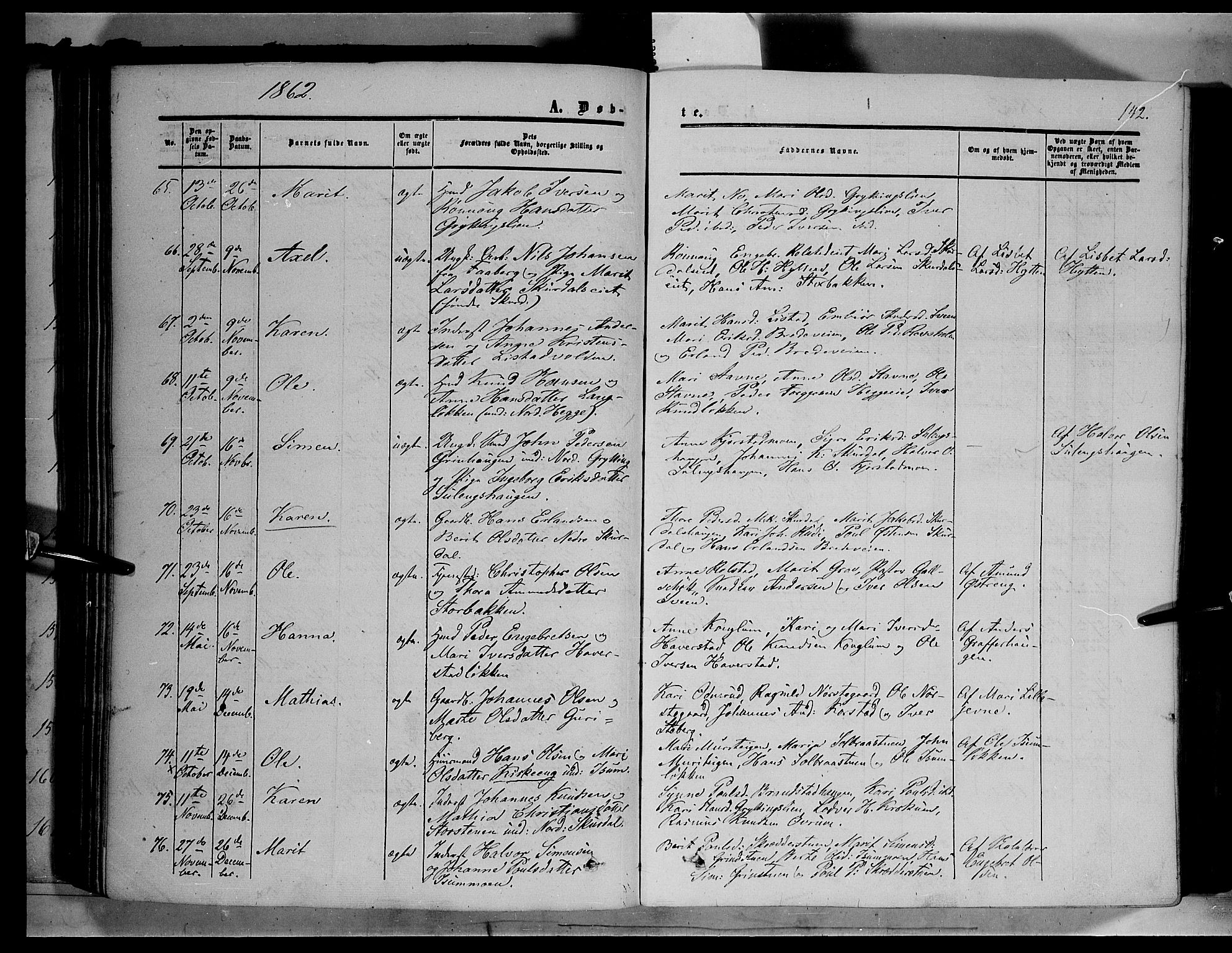 Sør-Fron prestekontor, SAH/PREST-010/H/Ha/Haa/L0001: Parish register (official) no. 1, 1849-1863, p. 142