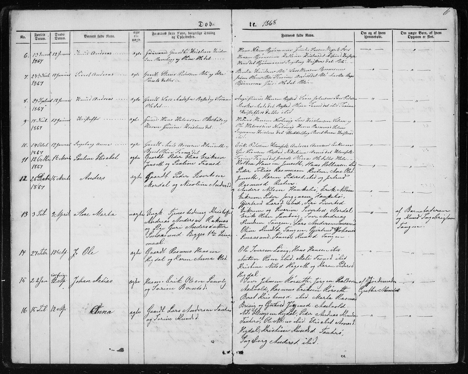 Ministerialprotokoller, klokkerbøker og fødselsregistre - Møre og Romsdal, AV/SAT-A-1454/560/L0724: Parish register (copy) no. 560C01, 1867-1892, p. 6