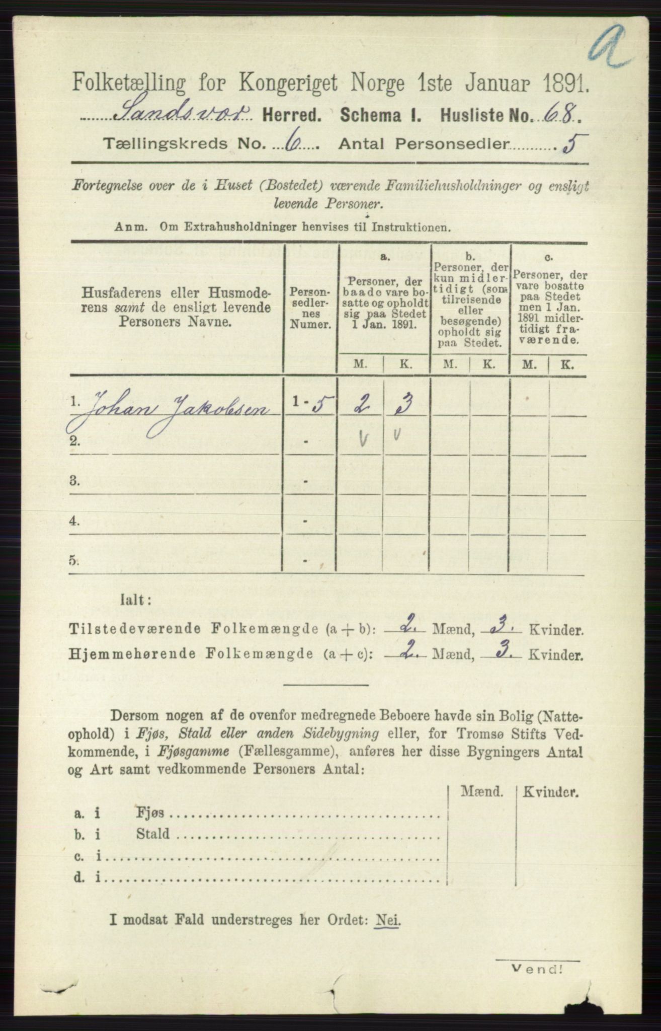 RA, 1891 census for 0629 Sandsvær, 1891, p. 3371